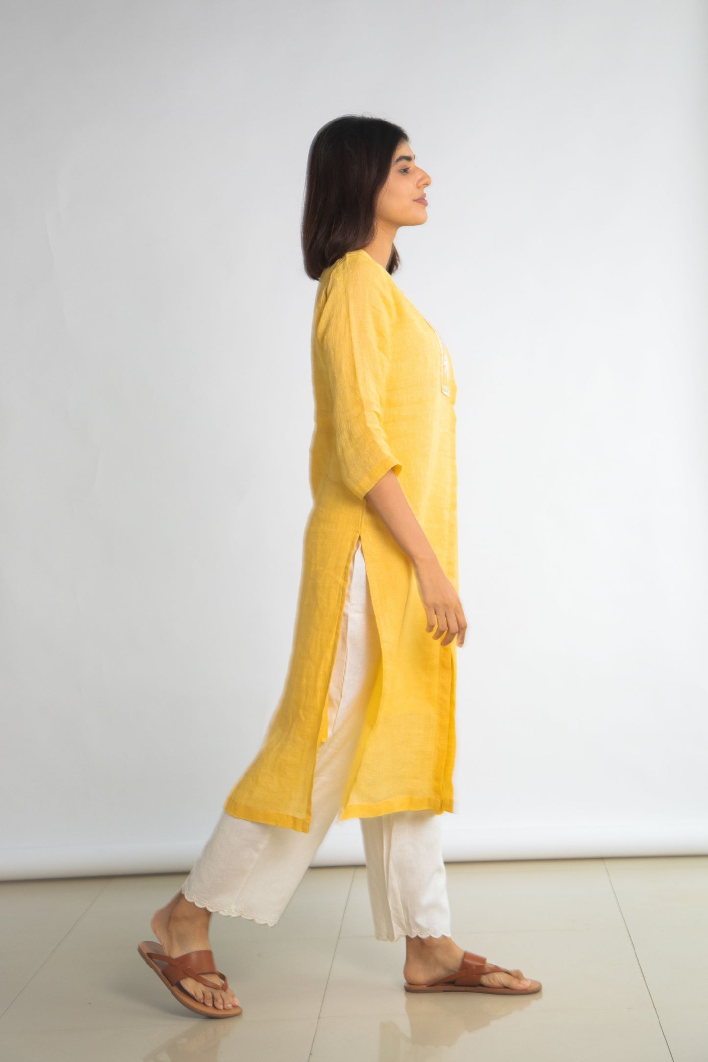 Yellow Pure Hemp Embroided Kurta
