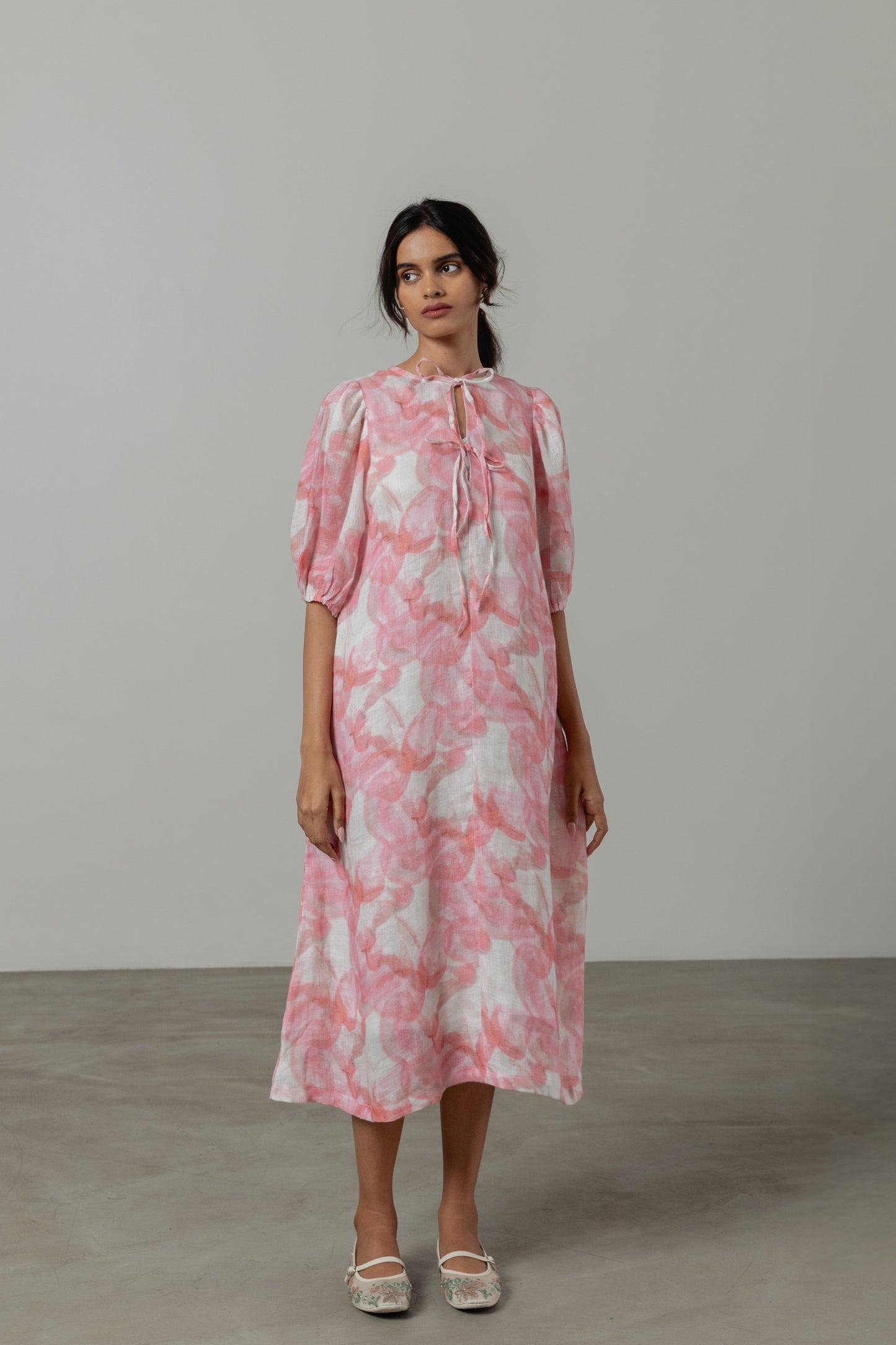 Pure Linen Pink Floral Dress