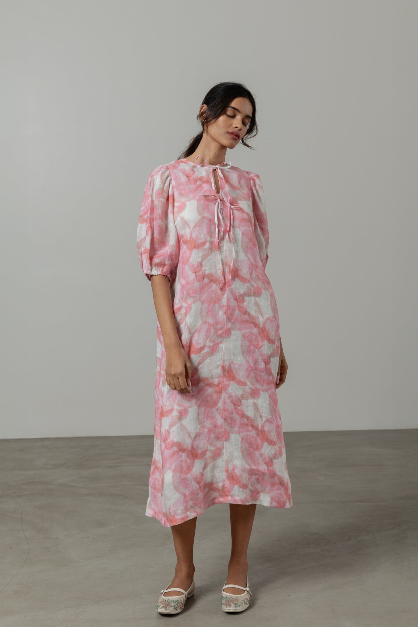 Pure Linen Pink Floral Dress
