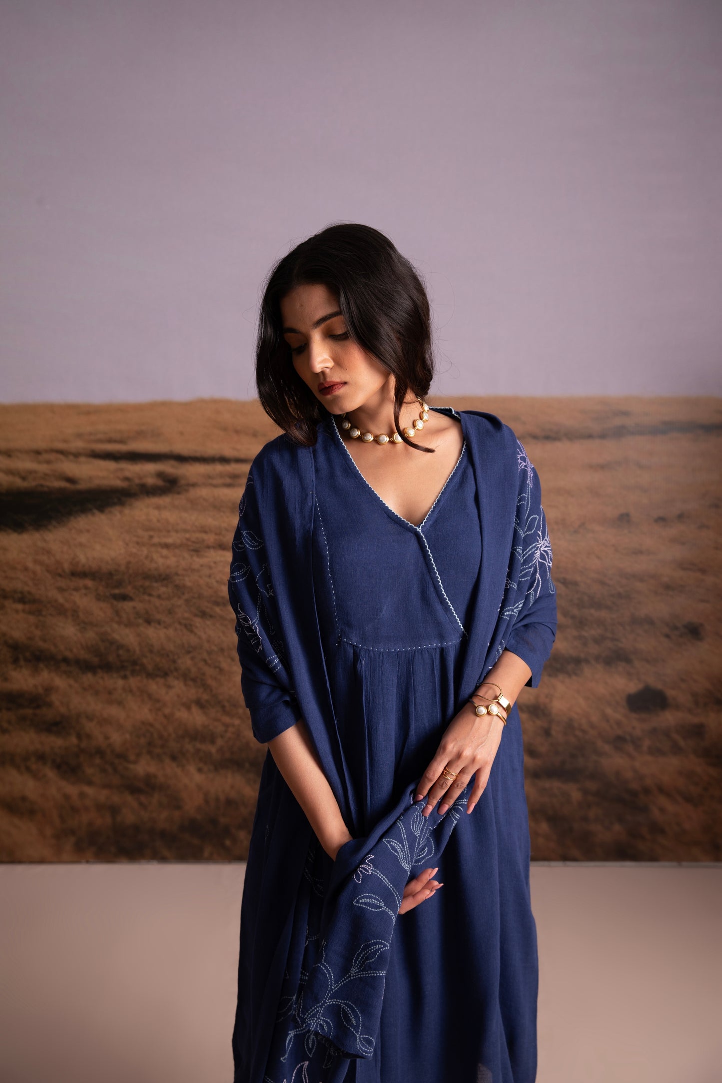 Indigo Linen Kurta Set with Odhani