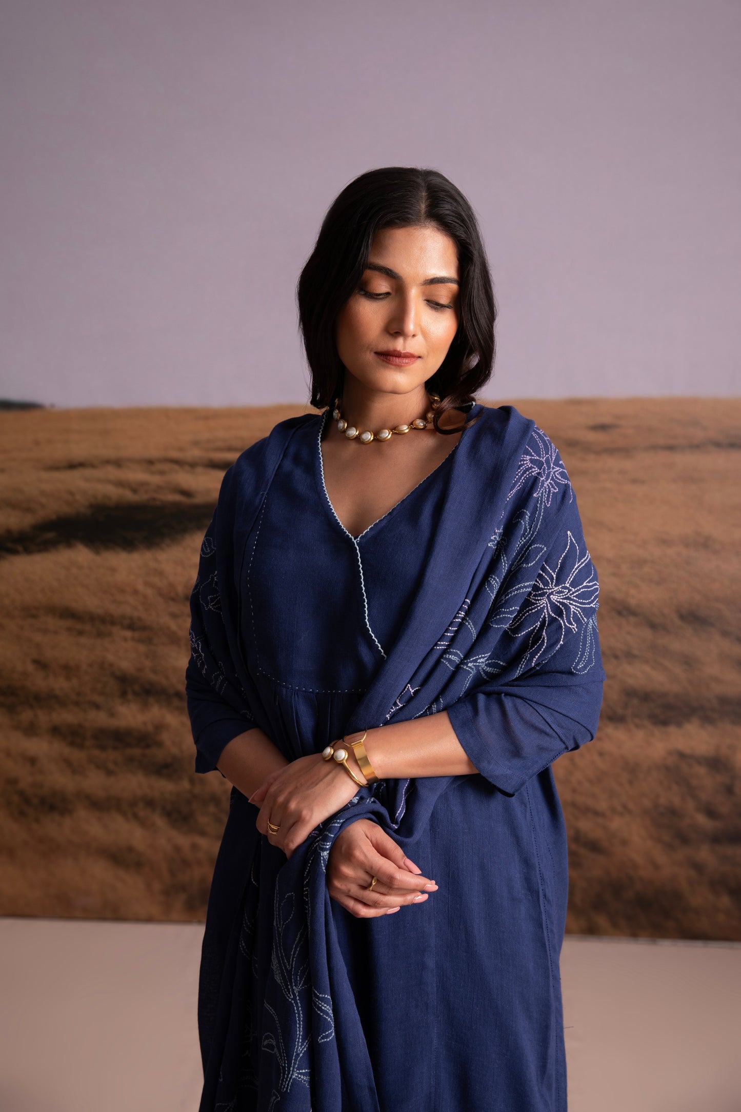 Indigo Linen Kurta Set with Odhani