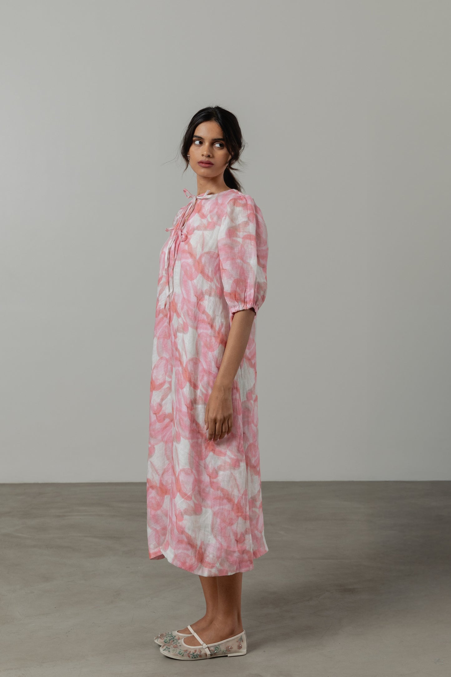 Pure Linen Pink Floral Dress