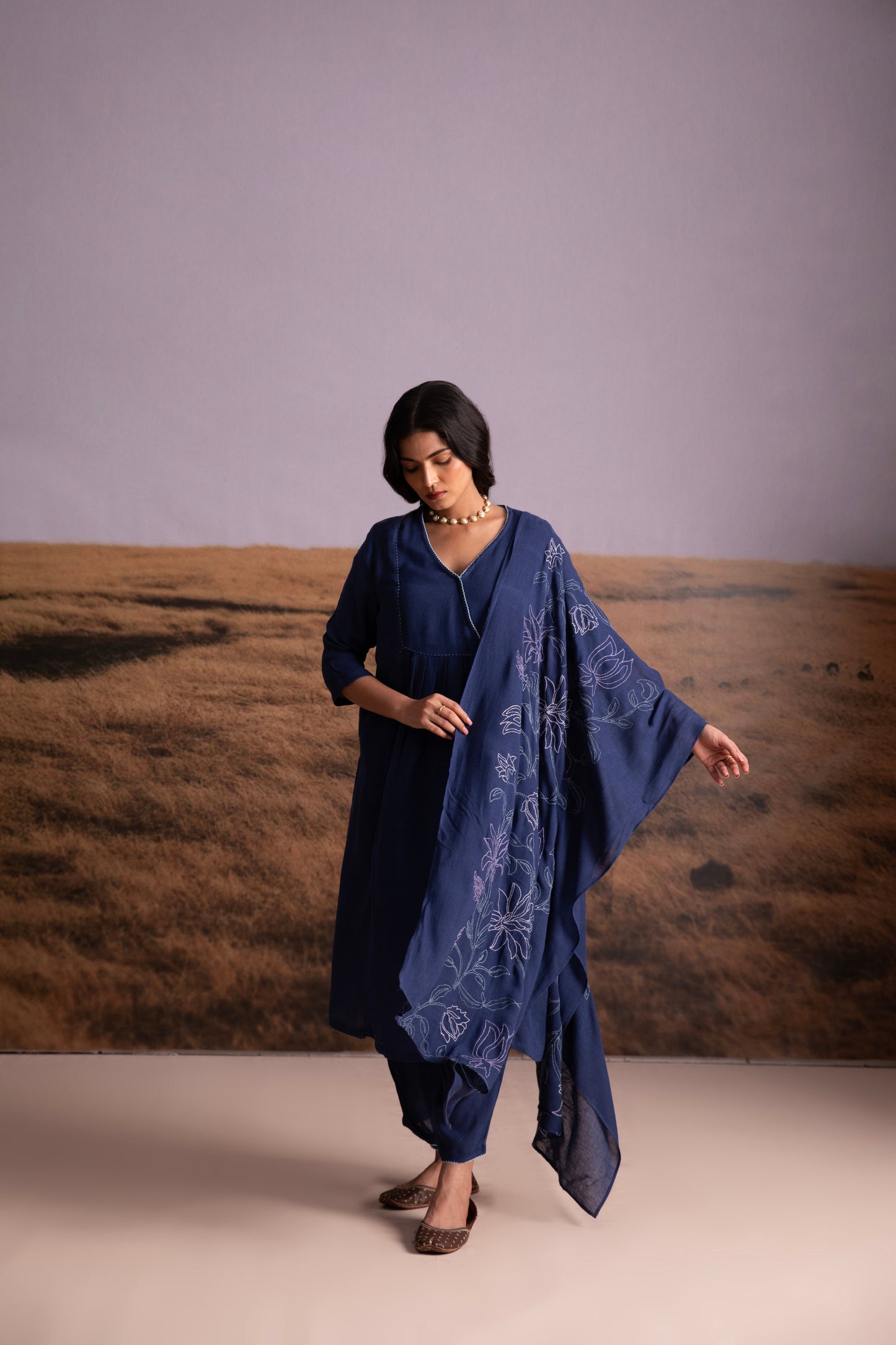 Indigo Linen Kurta Set with Odhani