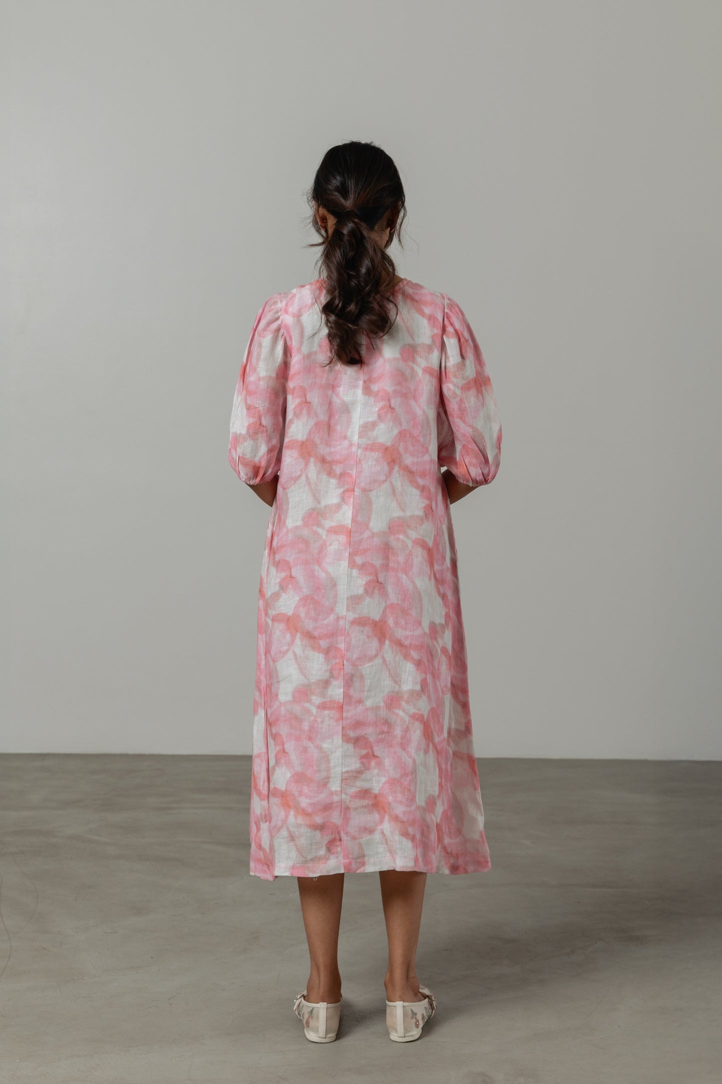 Pure Linen Pink Floral Dress