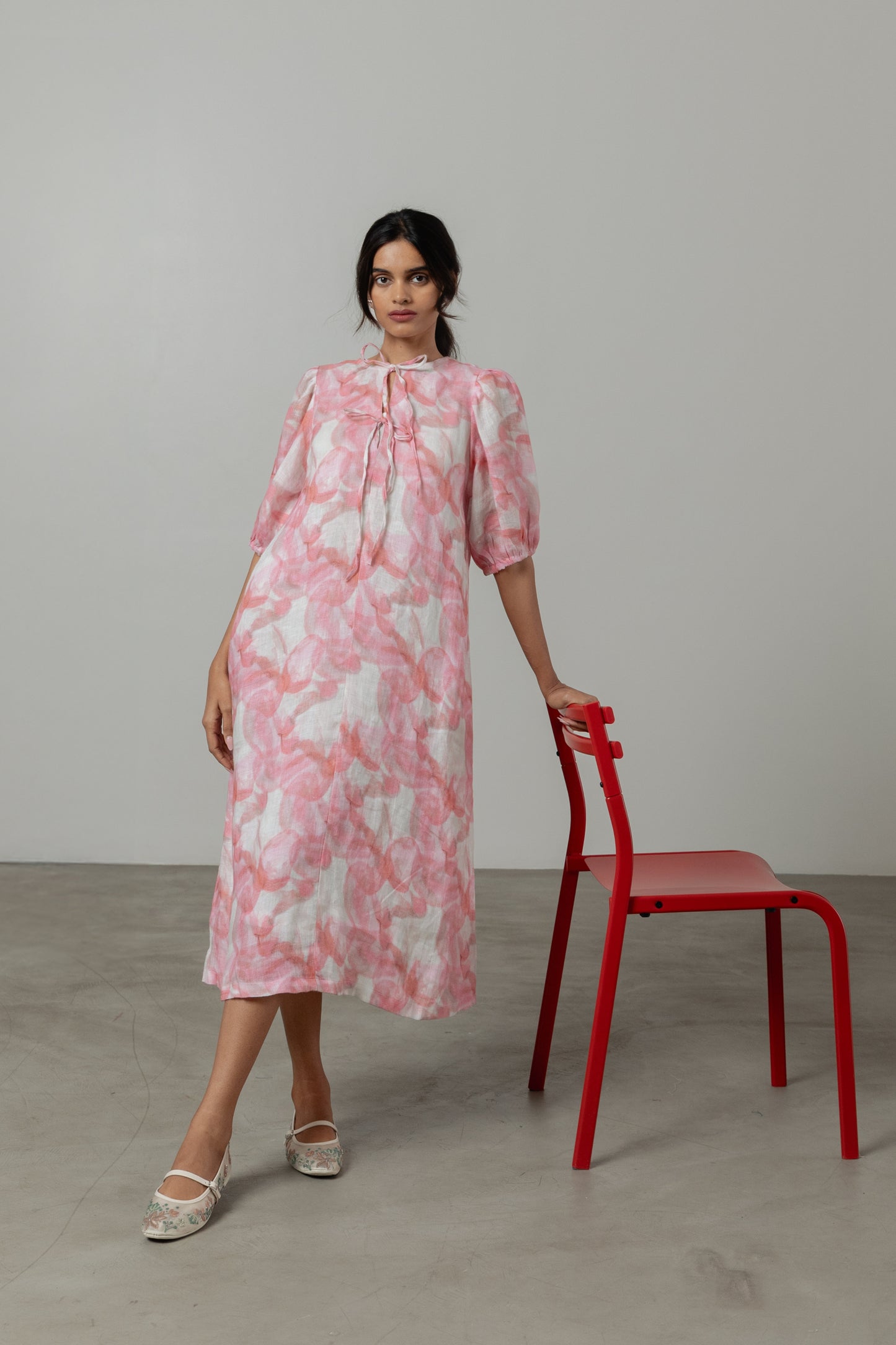 Pure Linen Pink Floral Dress