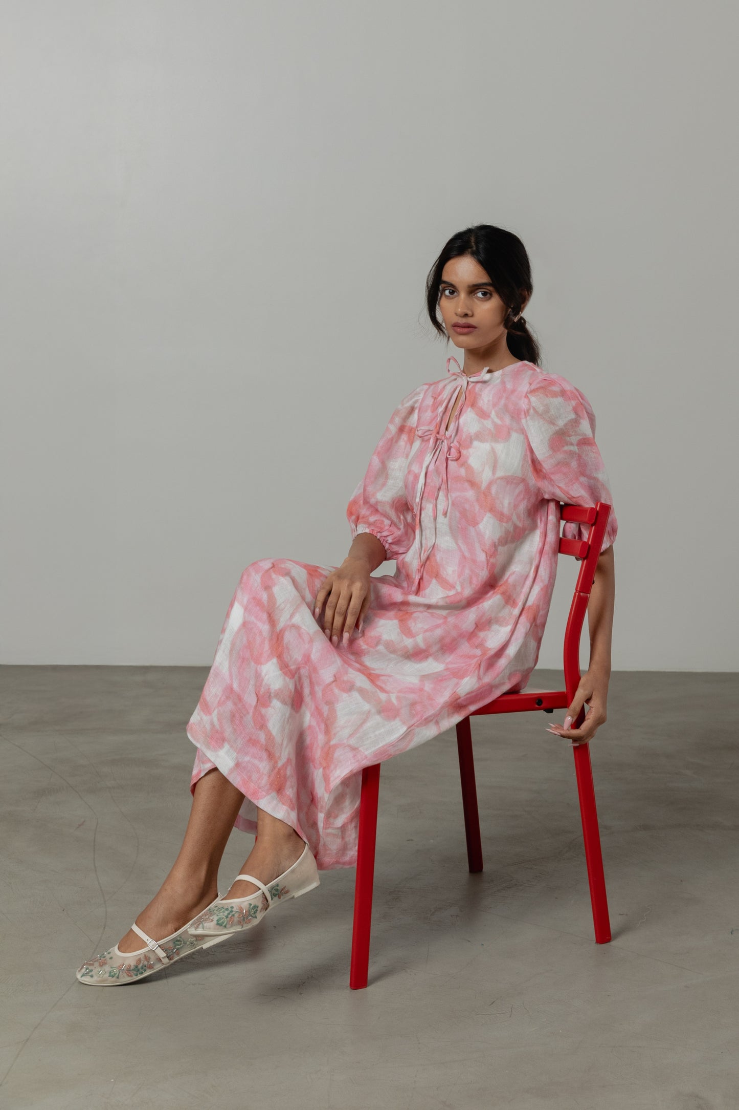 Pure Linen Pink Floral Dress