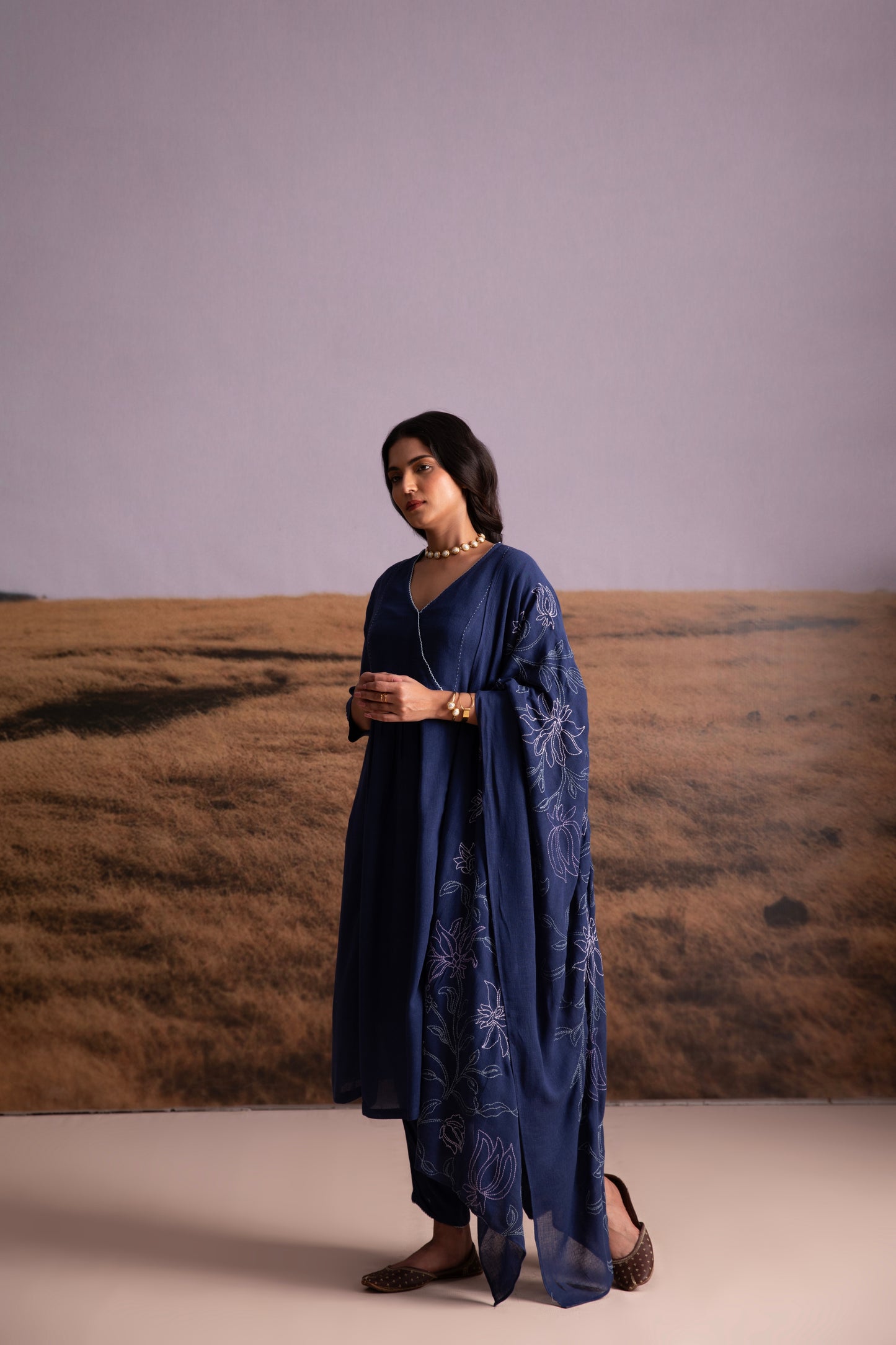 Indigo Linen Kurta Set with Odhani