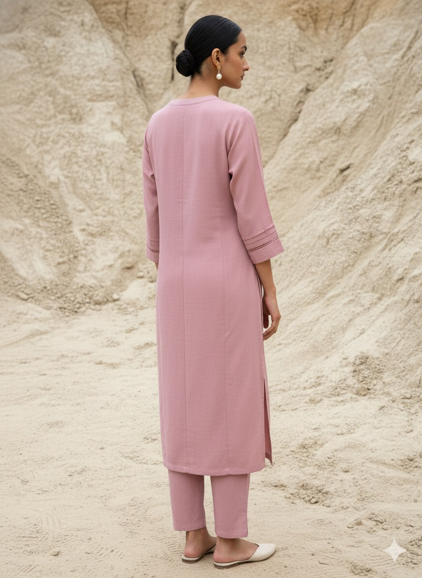 Blossom Pink Karimiori Lace Linen Kurta Set with Dupatta