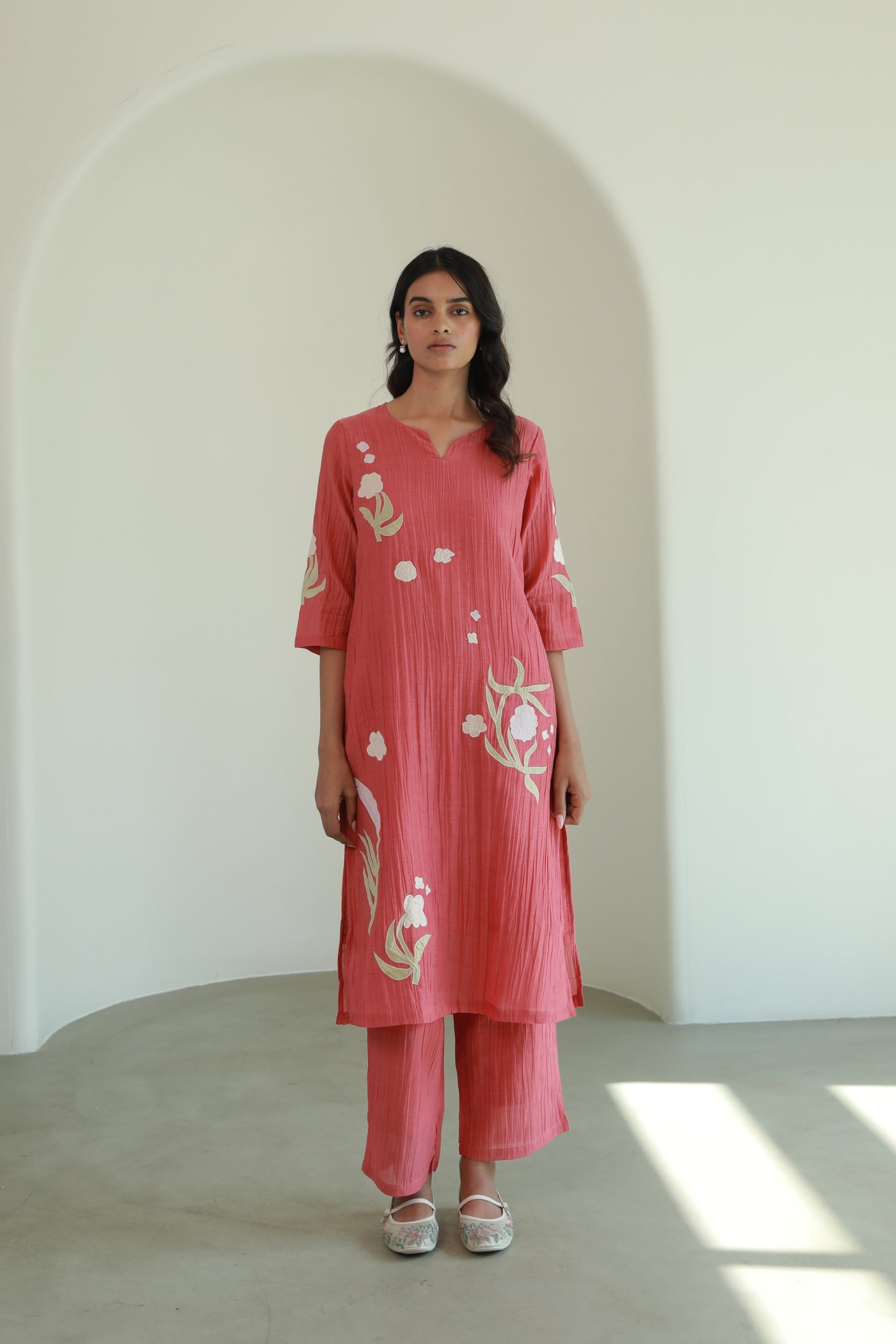 Crinkled Vegan Silk & Tencel Kurta Set-Coral Red