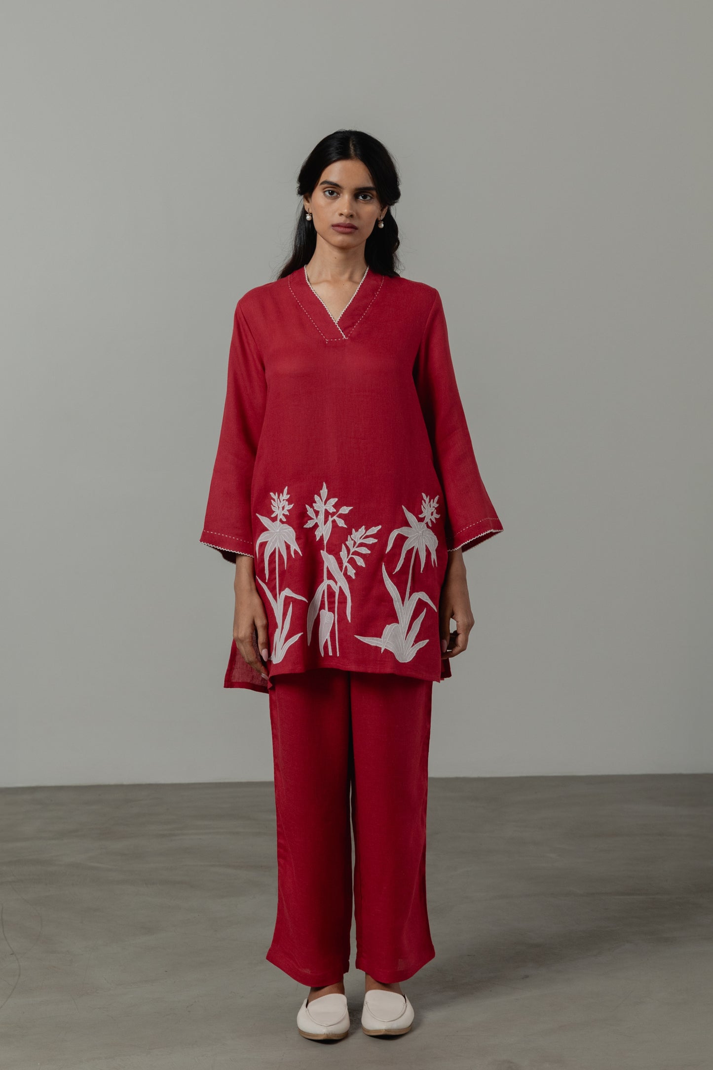 Applique Linen Co-ord Set-Crimson Red