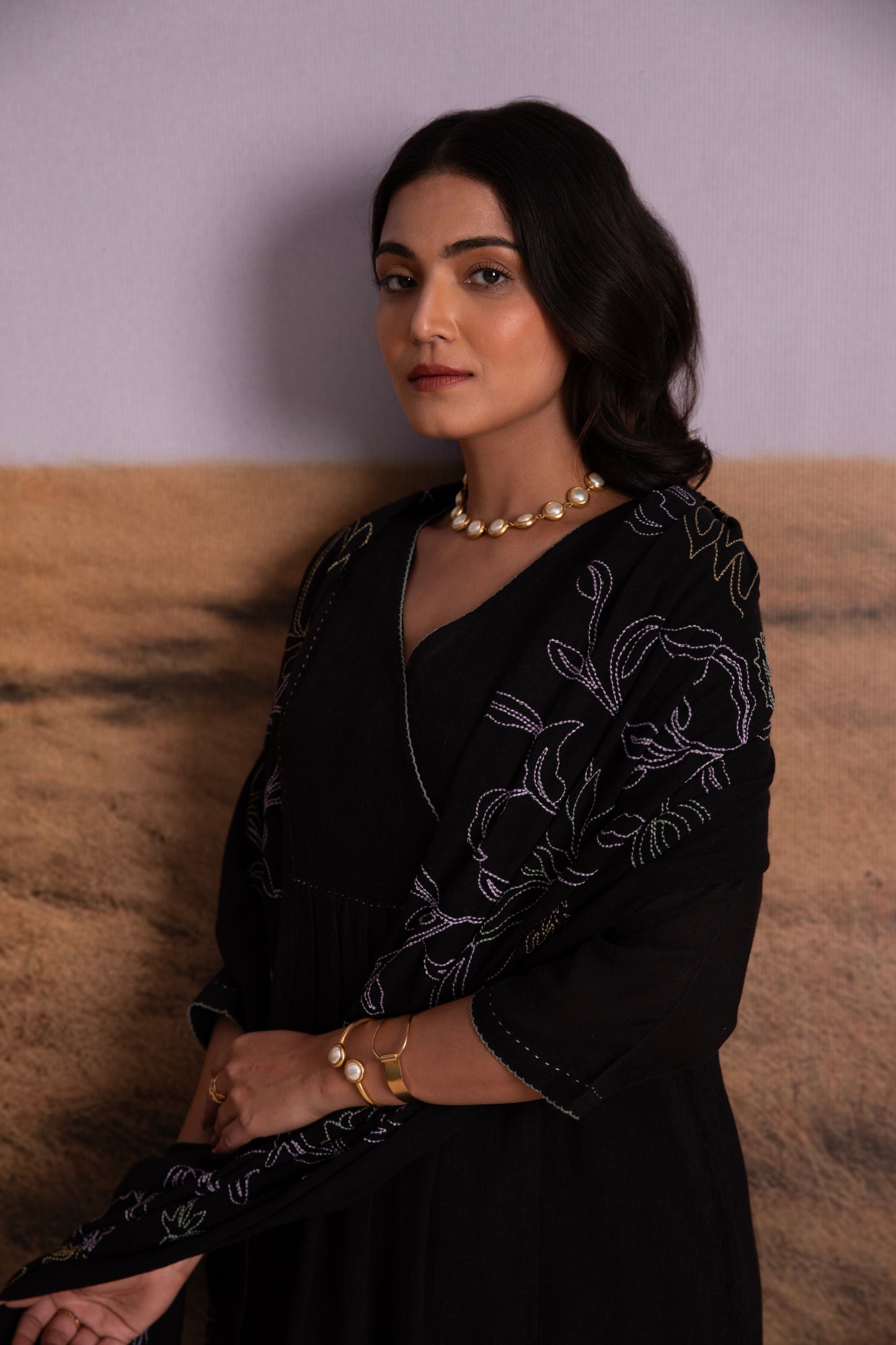 Black Linen Kurta Set with Odhani