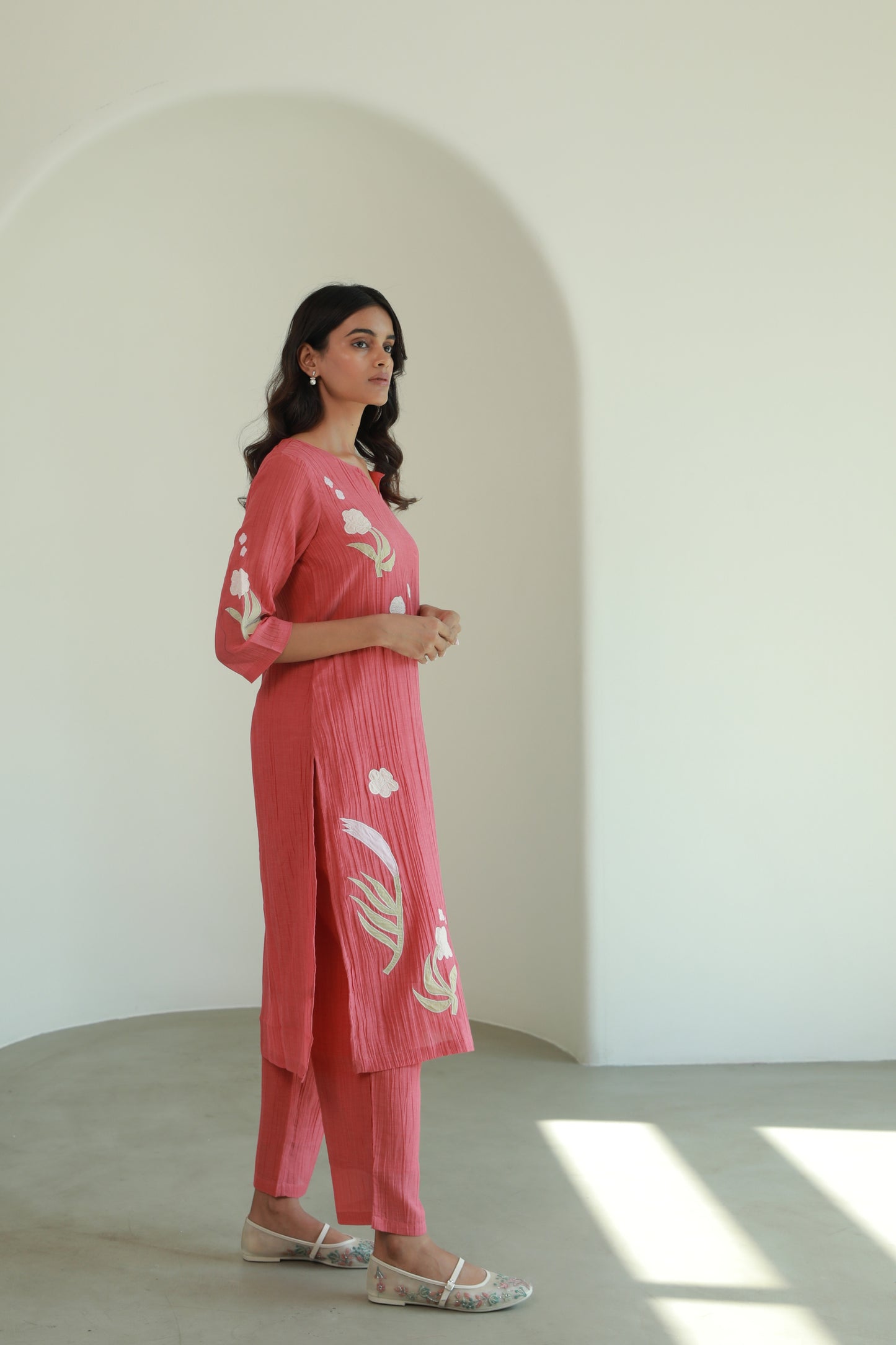 Crinkled Vegan Silk & Tencel Kurta Set-Coral Red