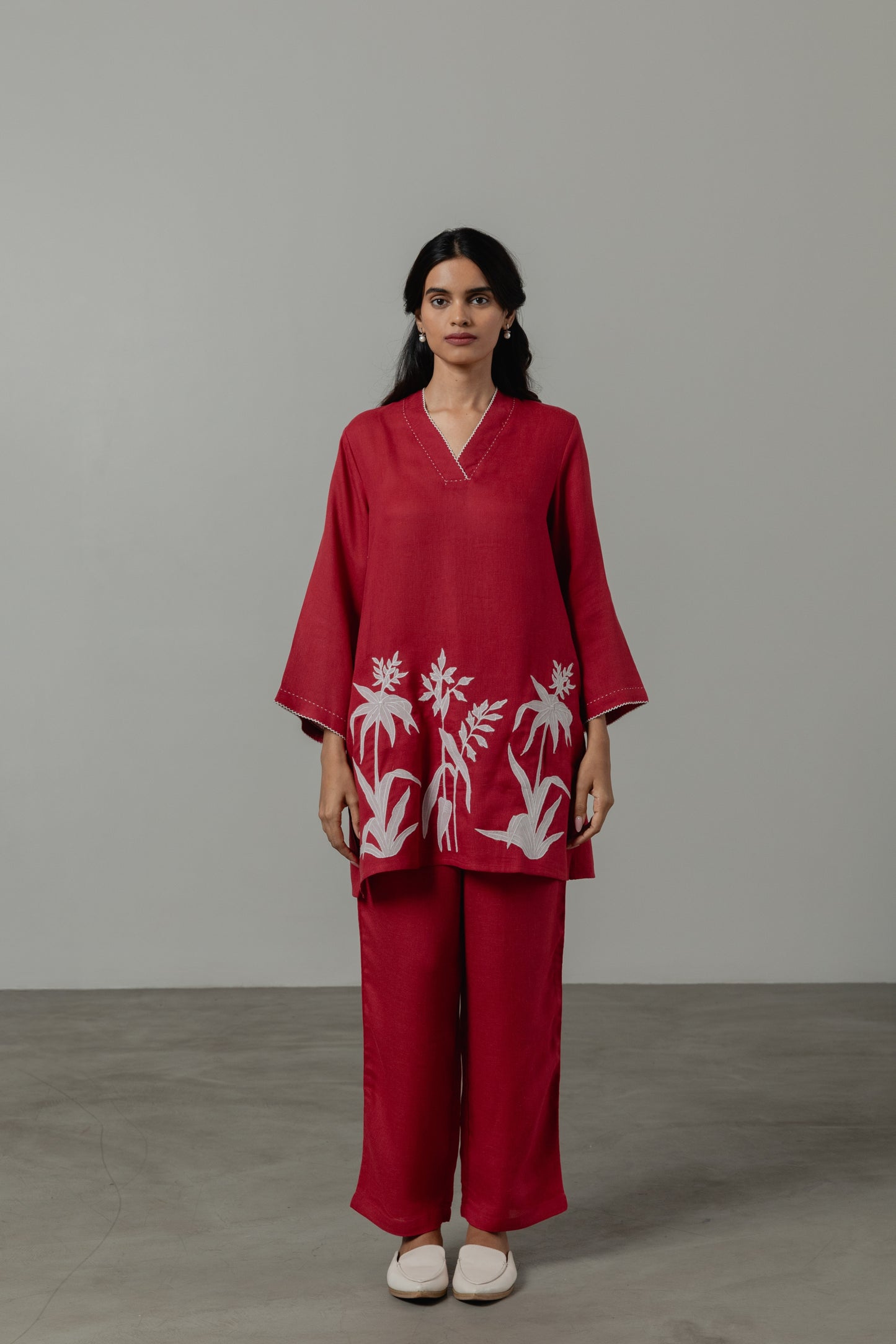 Applique Linen Co-ord Set-Crimson Red