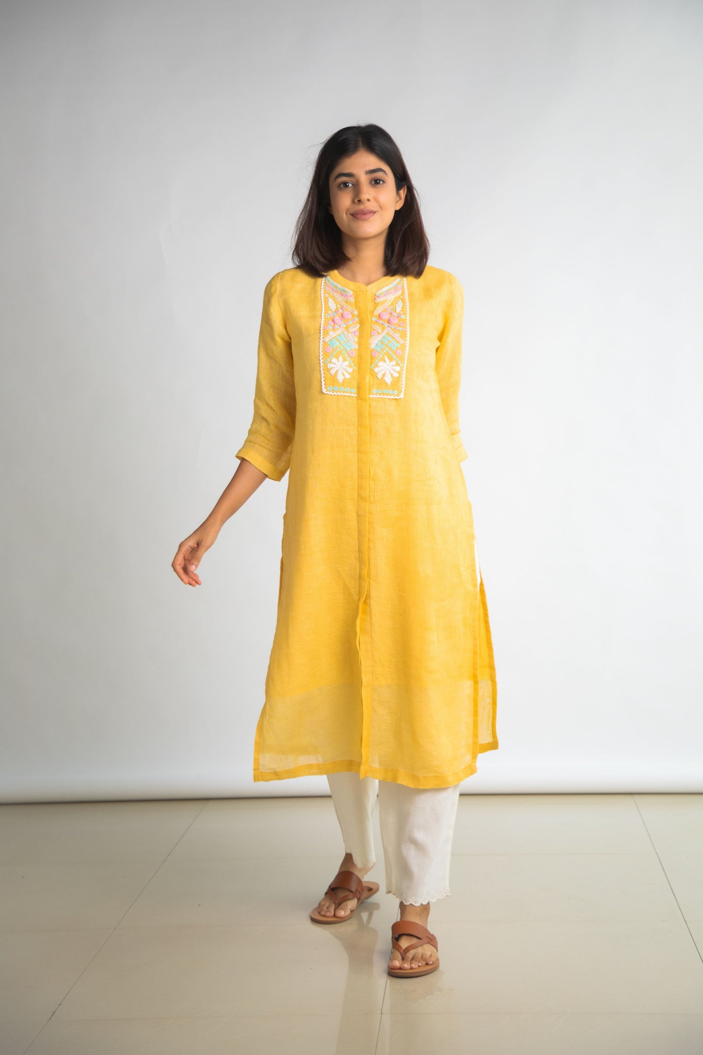 Yellow Pure Hemp Embroided Kurta