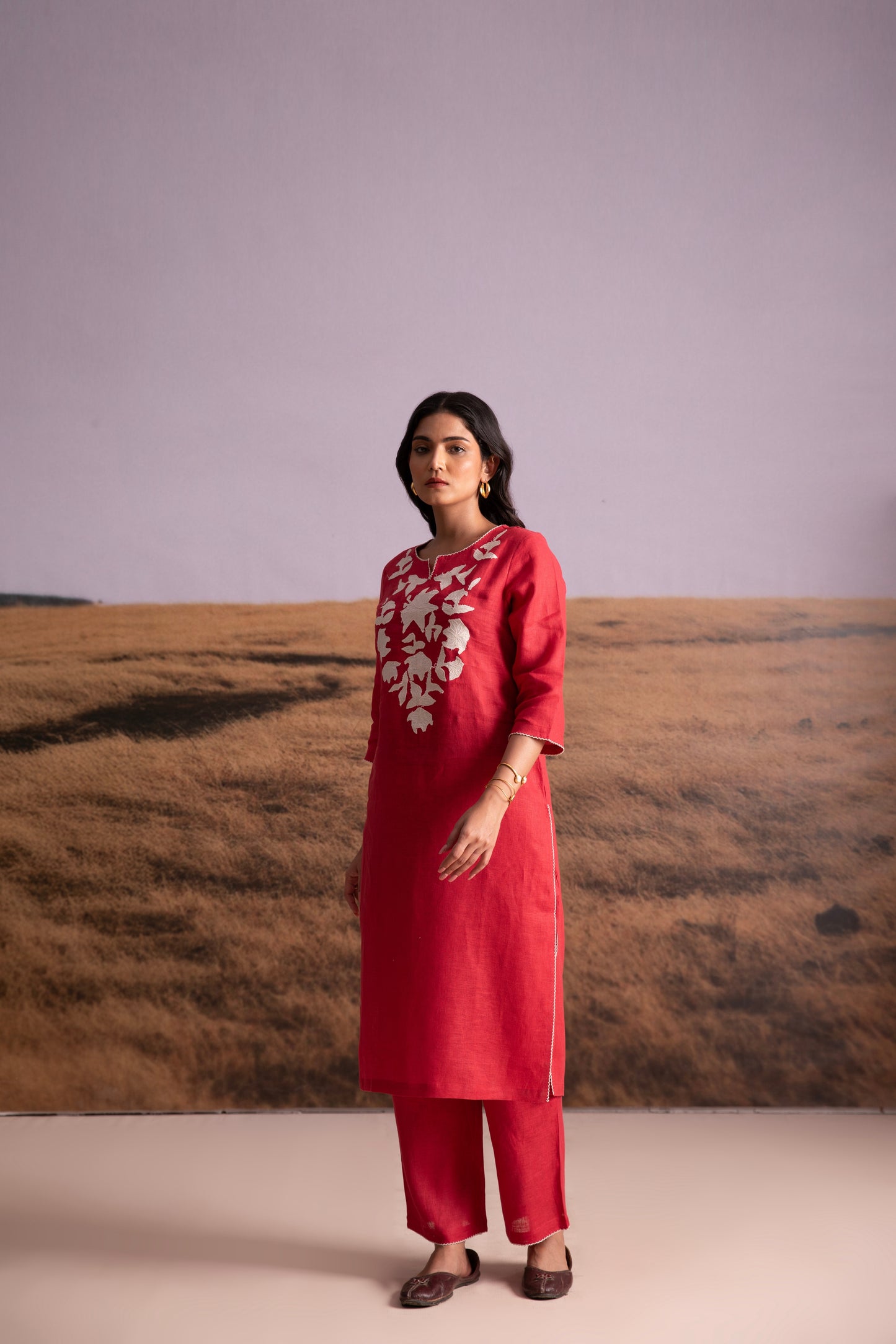 Pure Hemp Applique Red Kurta Set