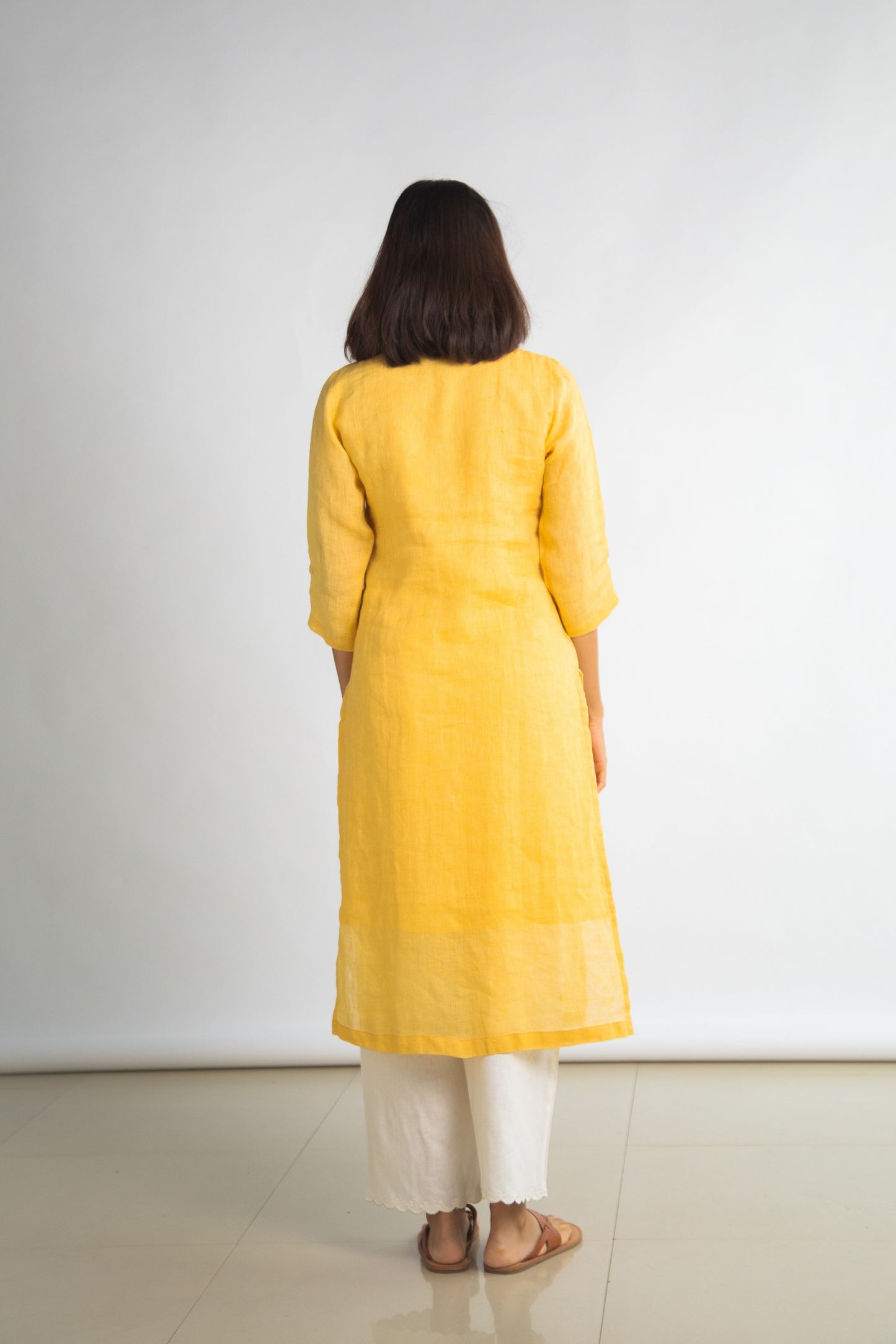 Yellow Pure Hemp Embroided Kurta