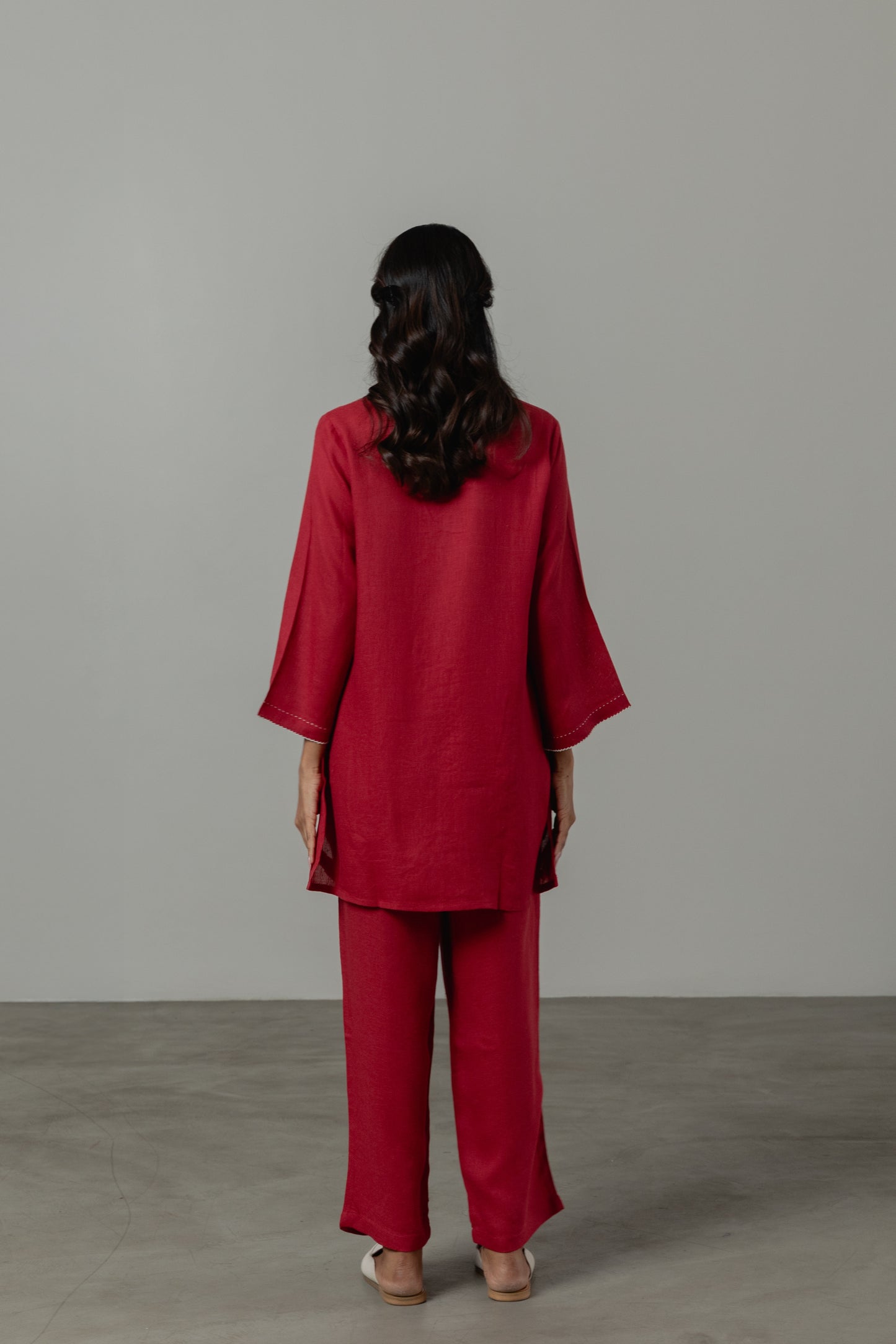 Applique Linen Co-ord Set-Crimson Red