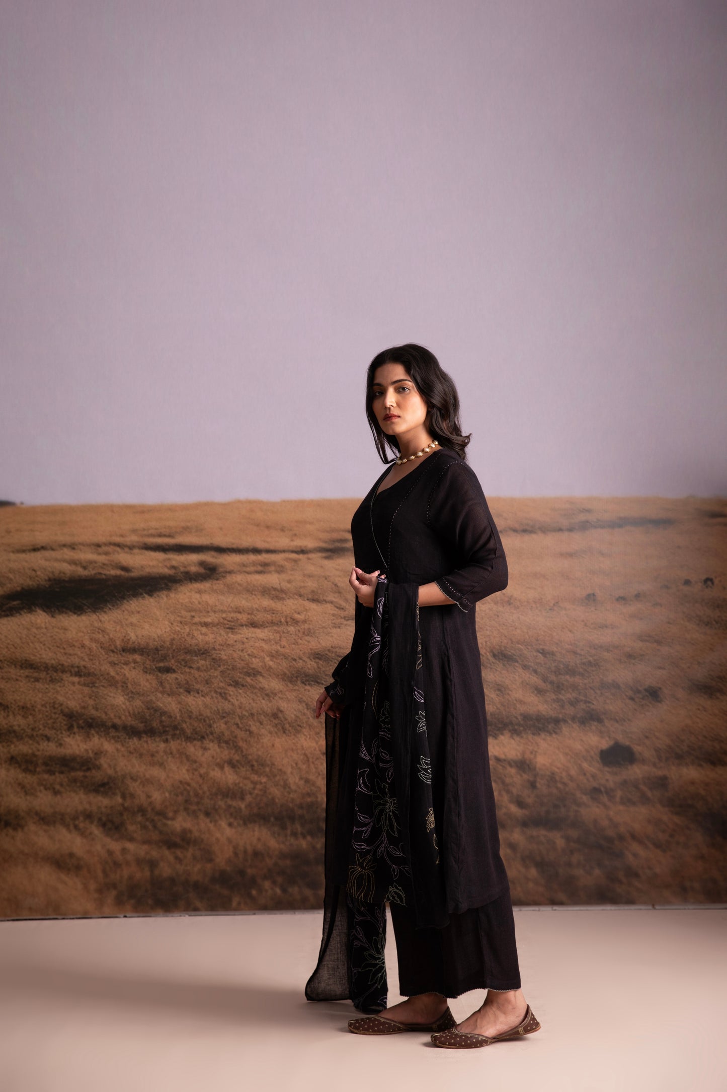 Black Linen Kurta Set with Odhani