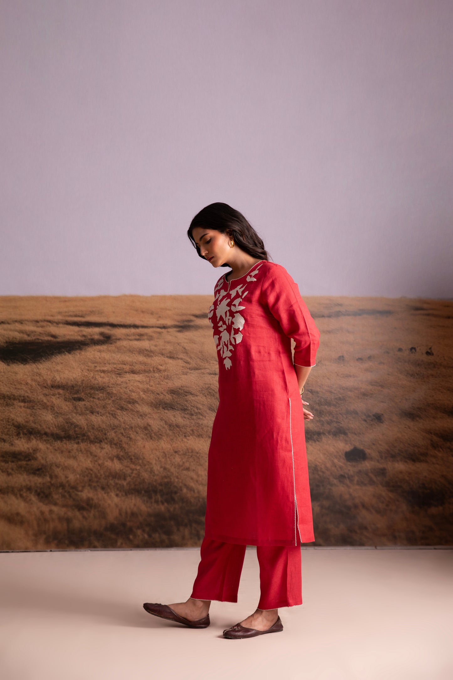 Pure Hemp Applique Red Kurta Set