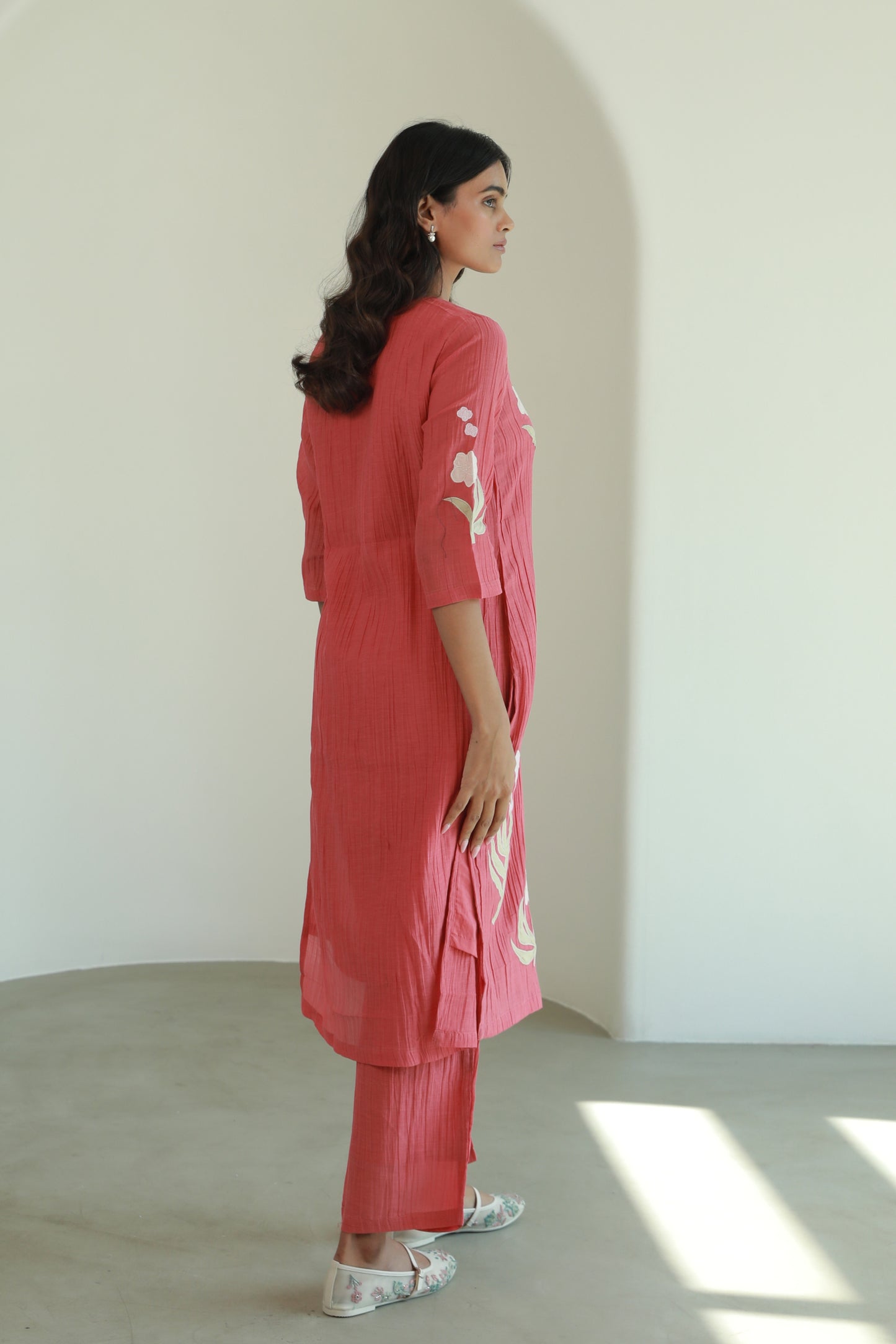 Crinkled Vegan Silk & Tencel Kurta Set-Coral Red
