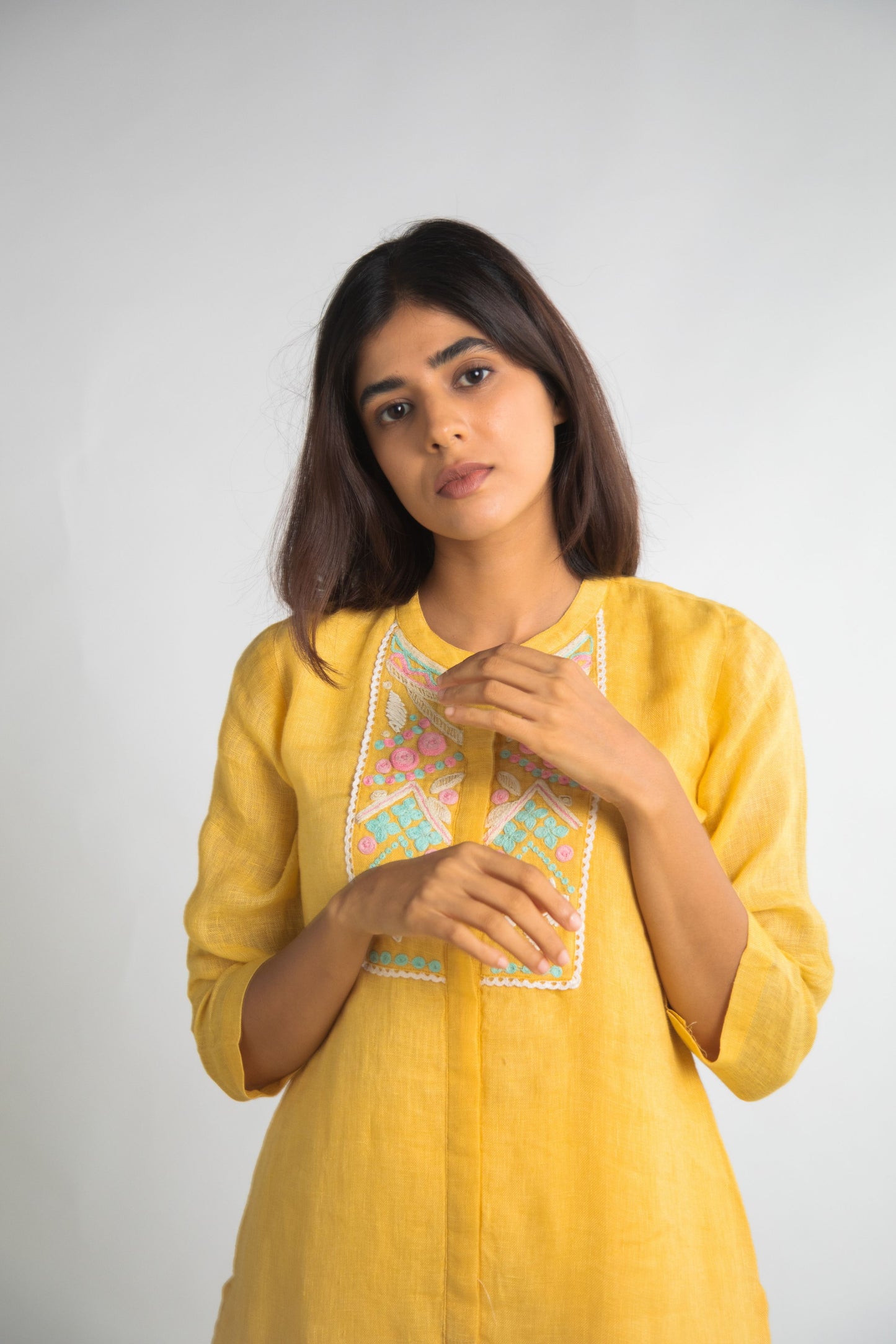 Yellow Pure Hemp Embroided Kurta