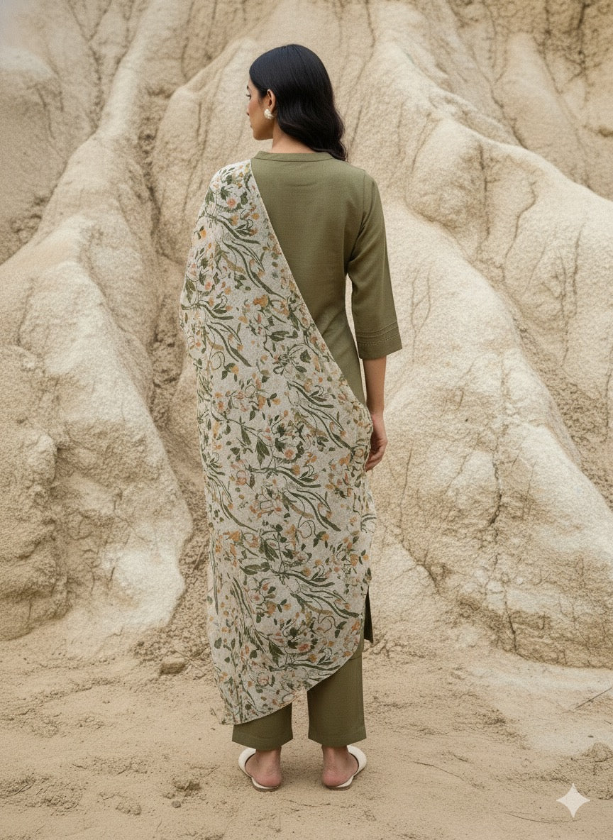Olive Karimiori Linen Lace Kurta Set with Scarf