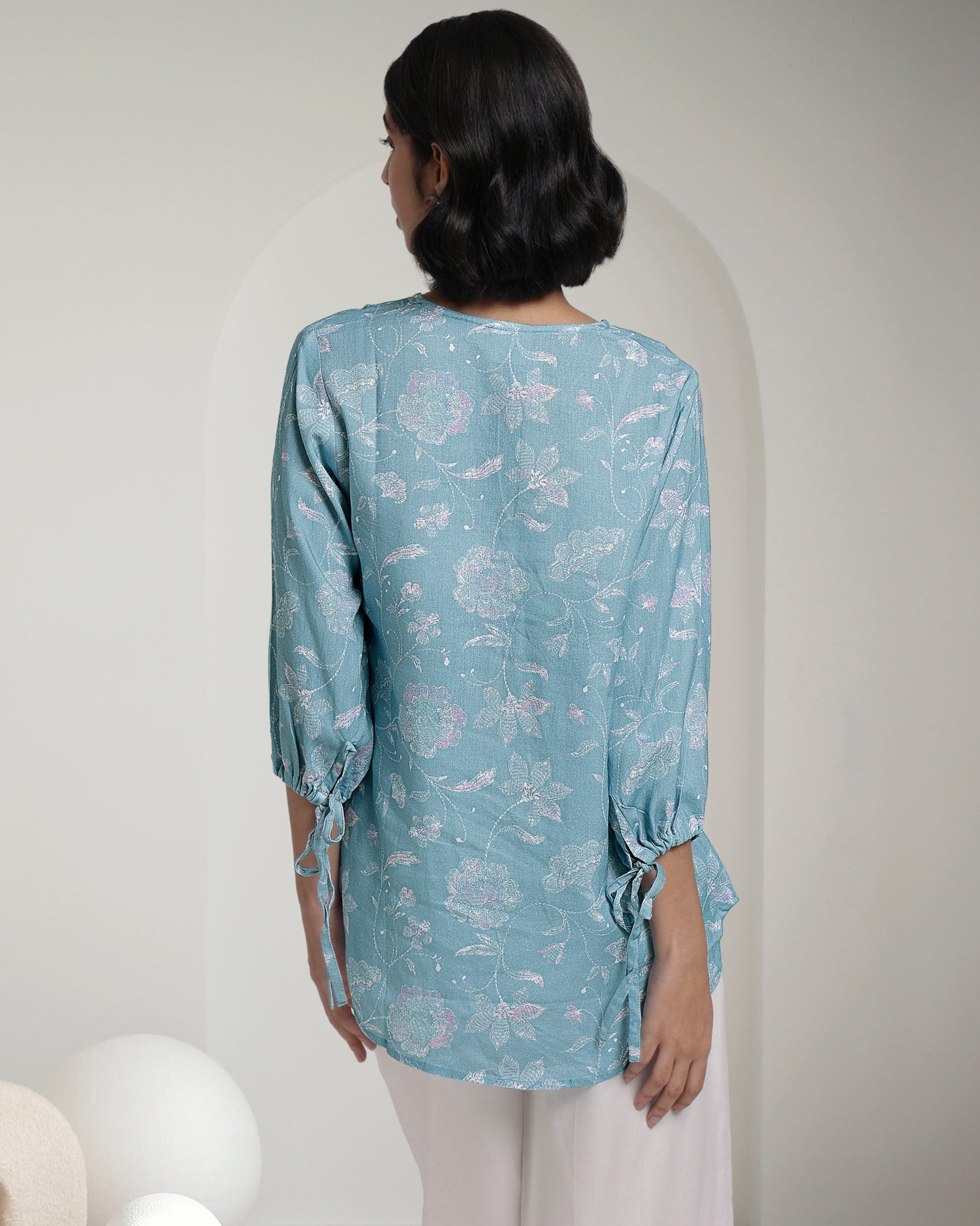 Blue Bloom Print Linen Top