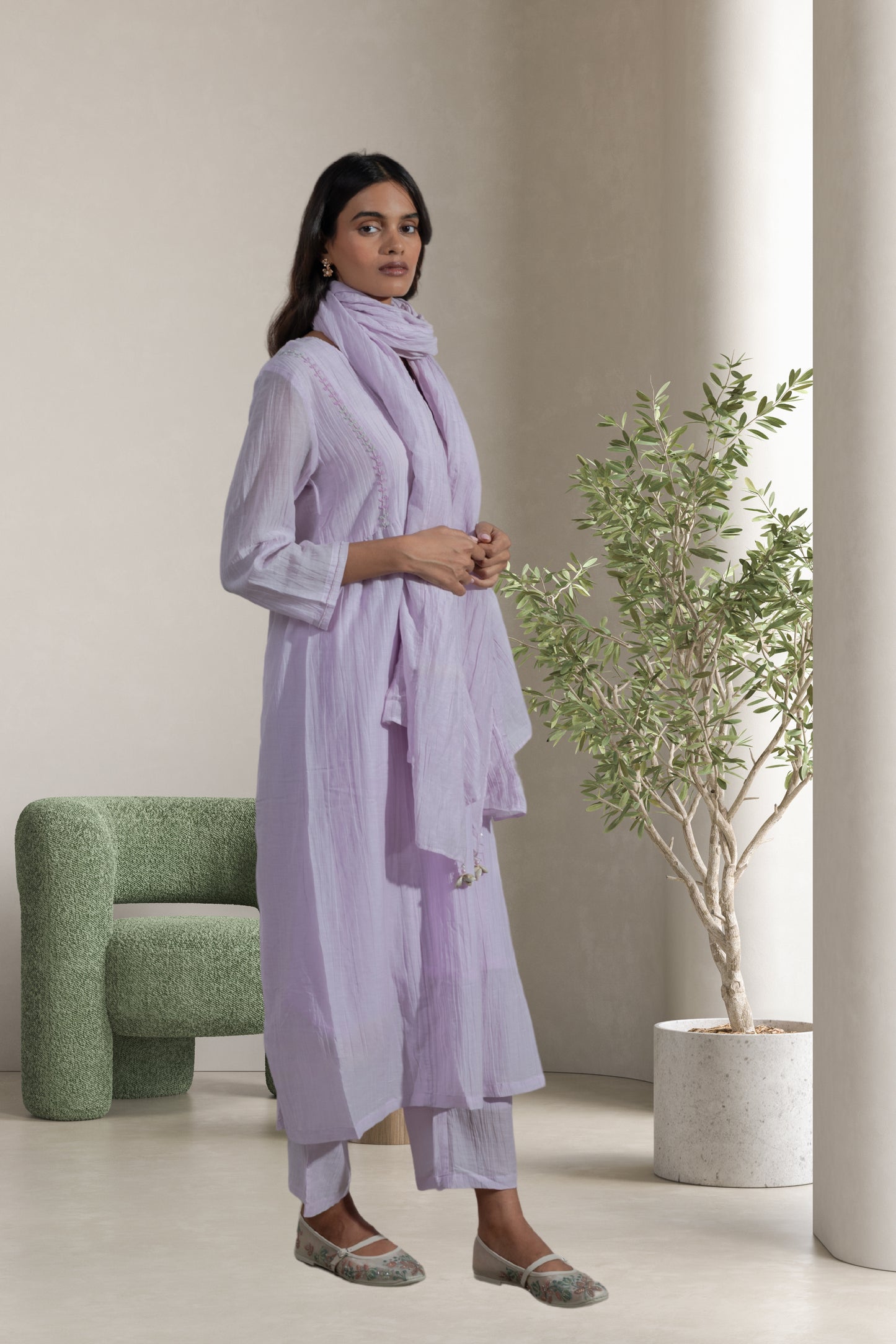 Crinked Cupro Lavender A-Line Kurta Set