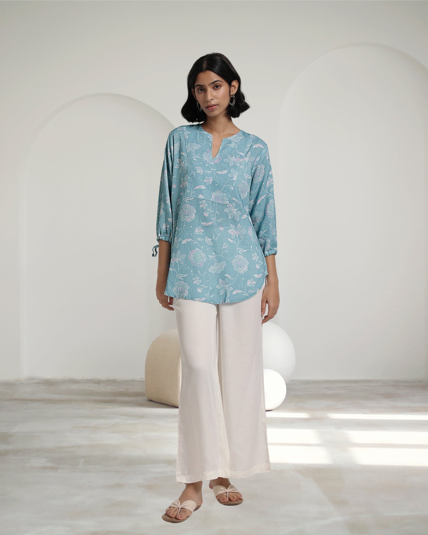 Blue Bloom Print Linen Top