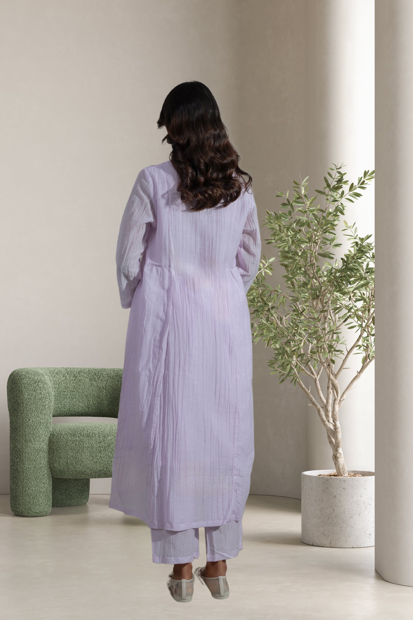 Crinked Cupro Lavender A-Line Kurta Set