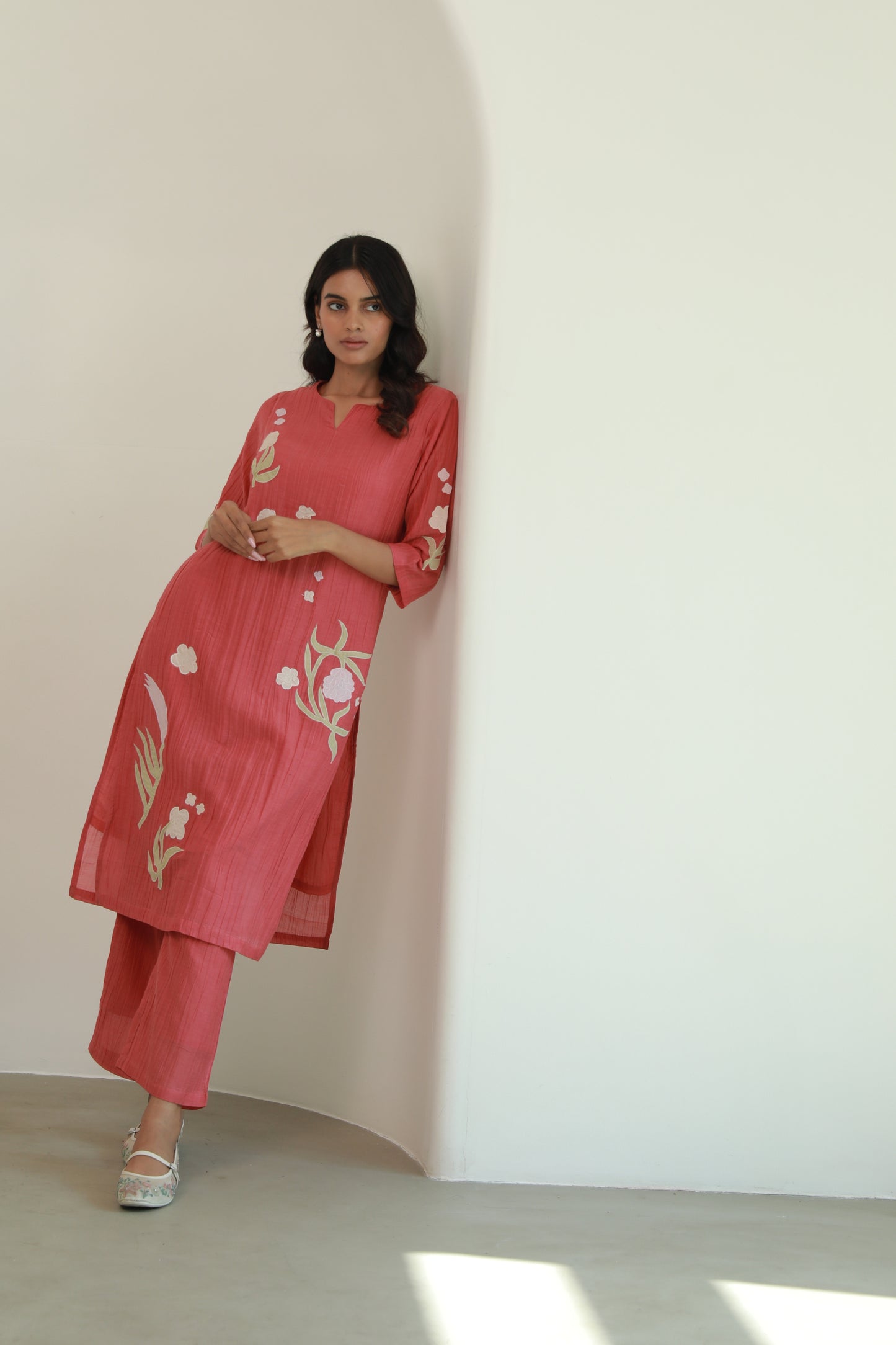 Crinkled Vegan Silk & Tencel Kurta Set-Coral Red