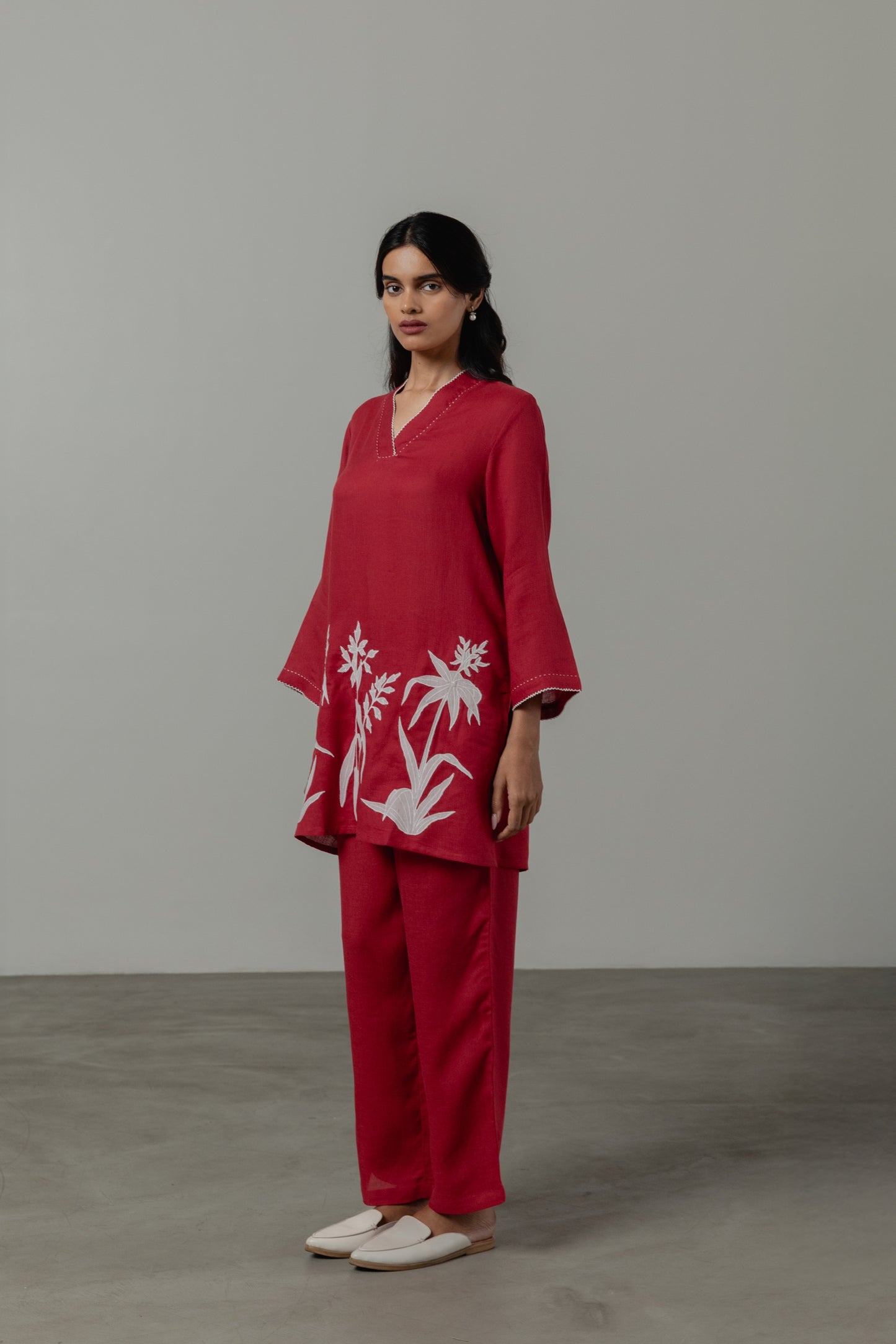 Applique Linen Co-ord Set-Crimson Red