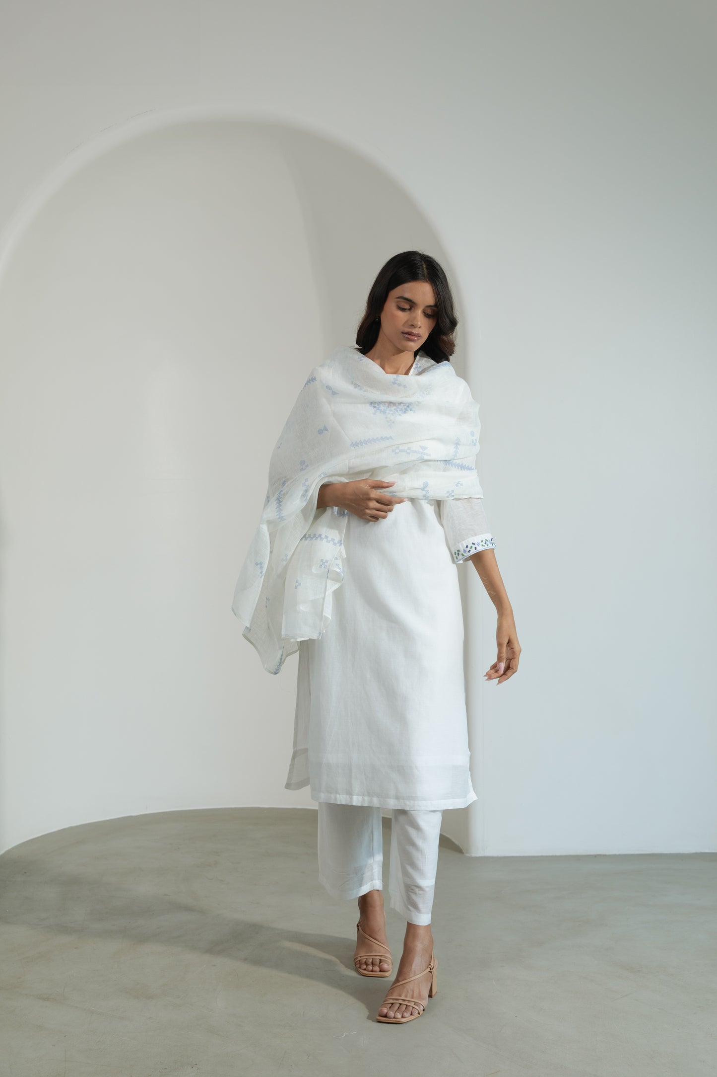 White Embroidered V Neck Kurta Set