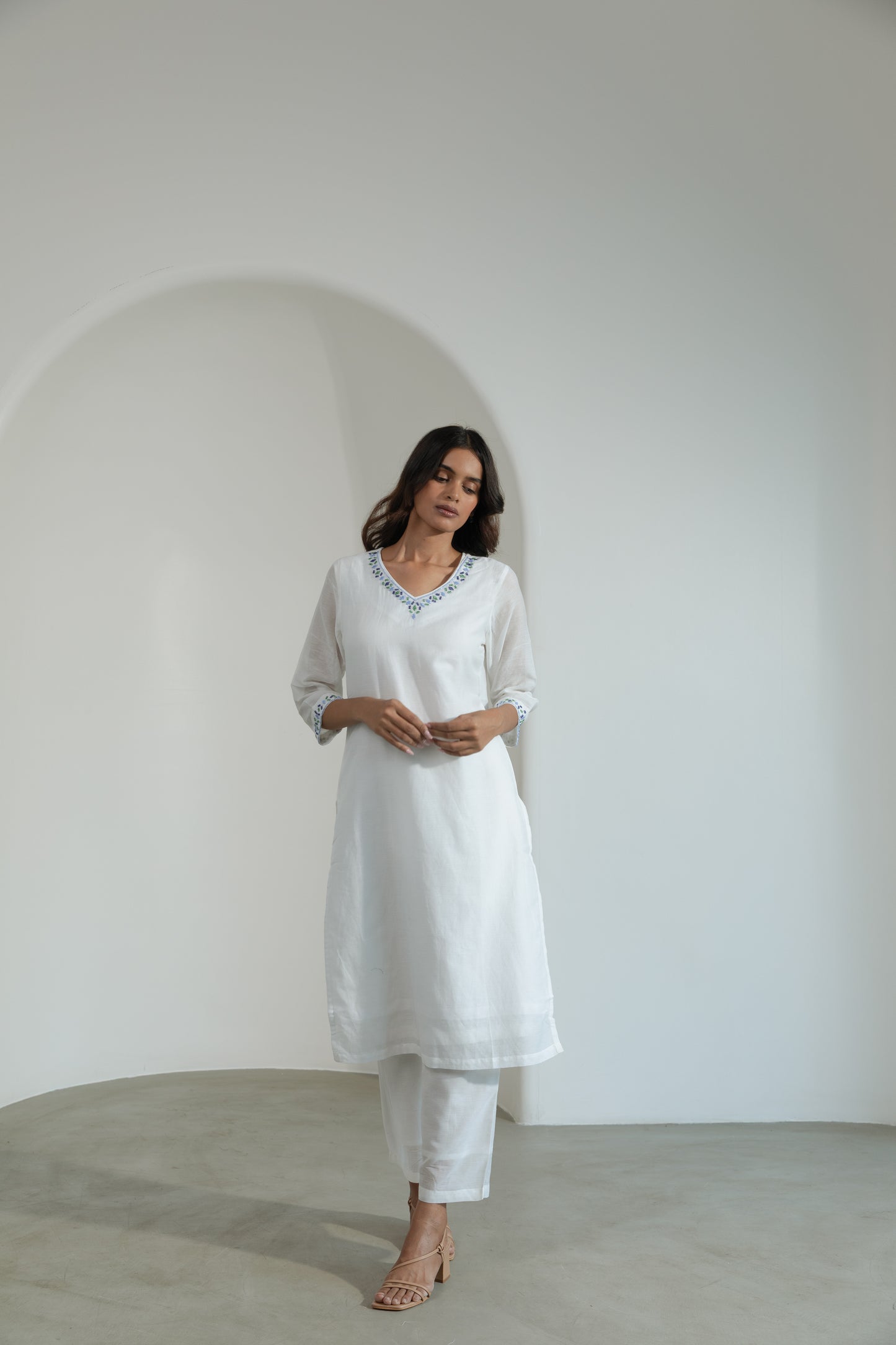 White Embroidered V Neck Kurta Set