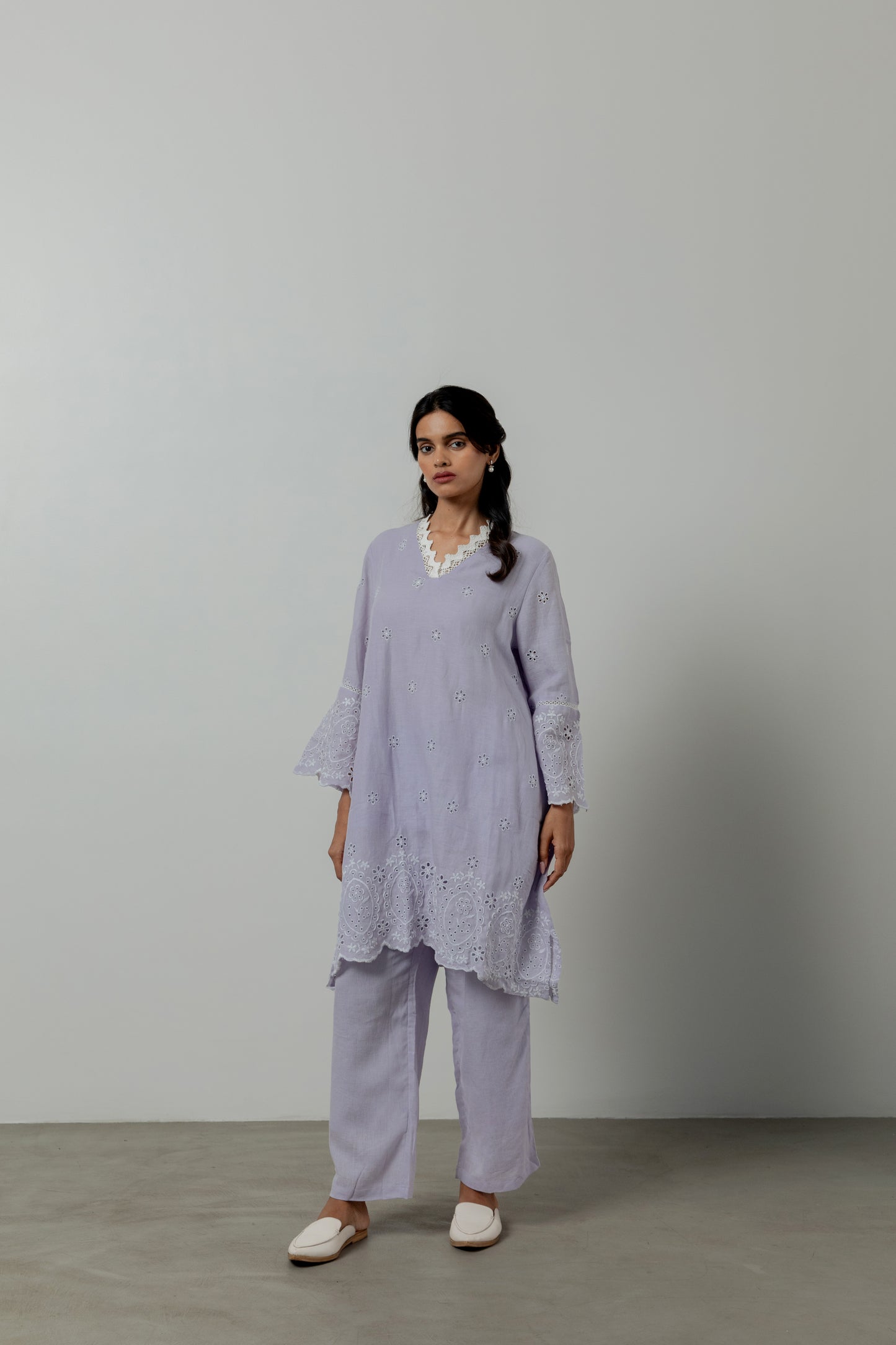 Gentle Lavender Cutwork Linen Co-ord Set