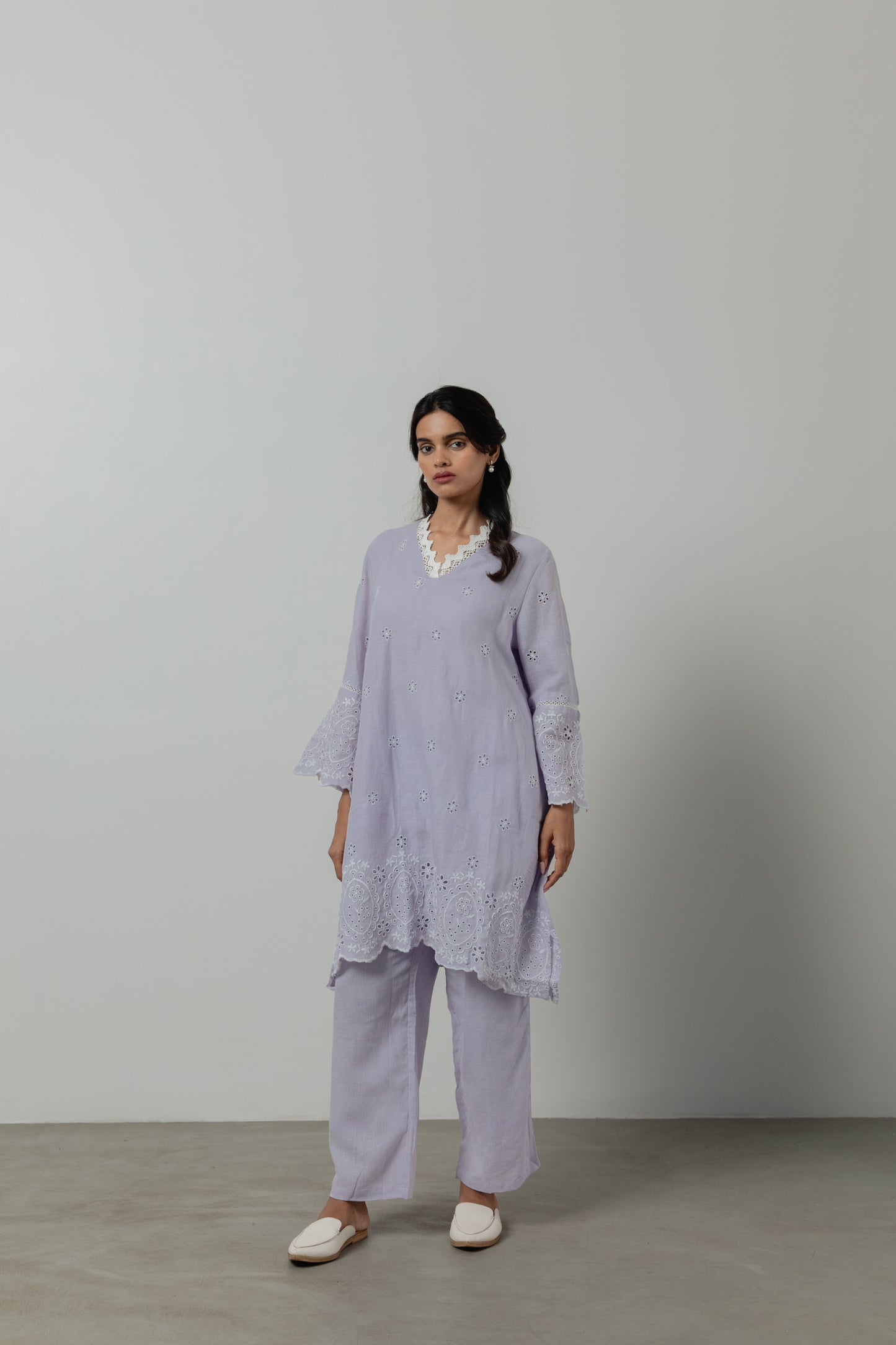 Gentle Lavender Cutwork Linen Co-ord Set