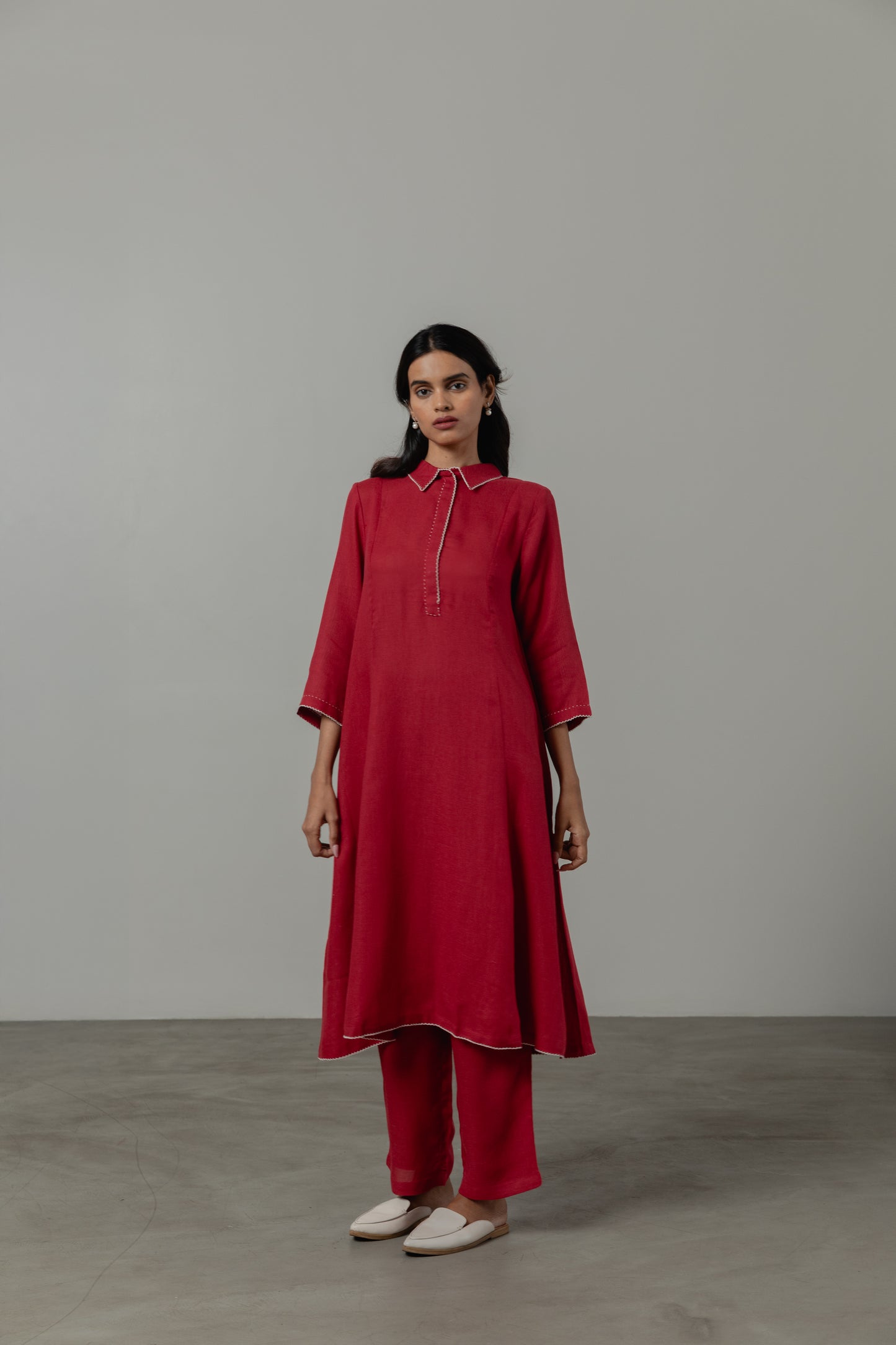 A-Line Crimson Red Linen Kurta Set