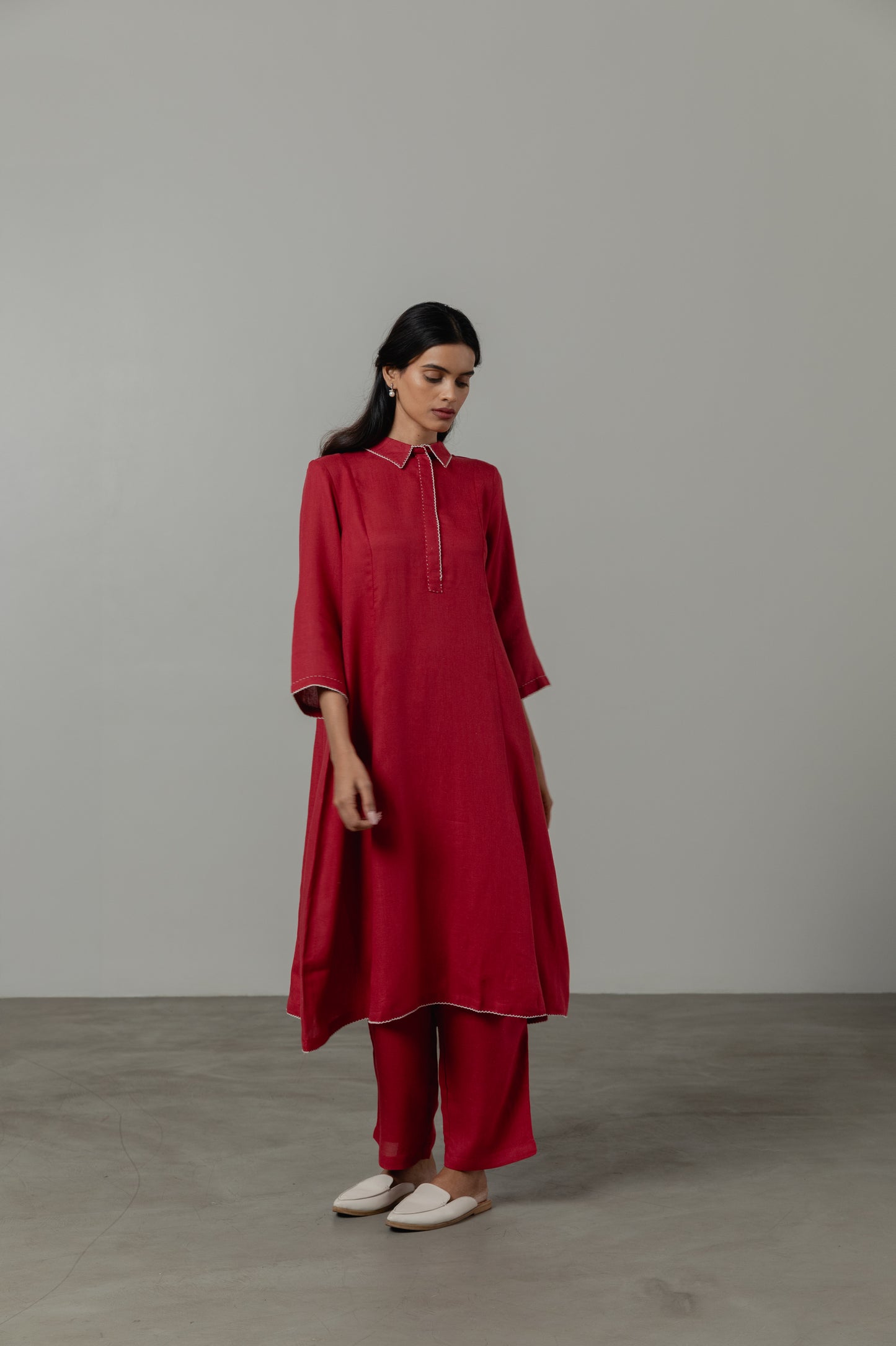 A-Line Crimson Red Linen Kurta Set