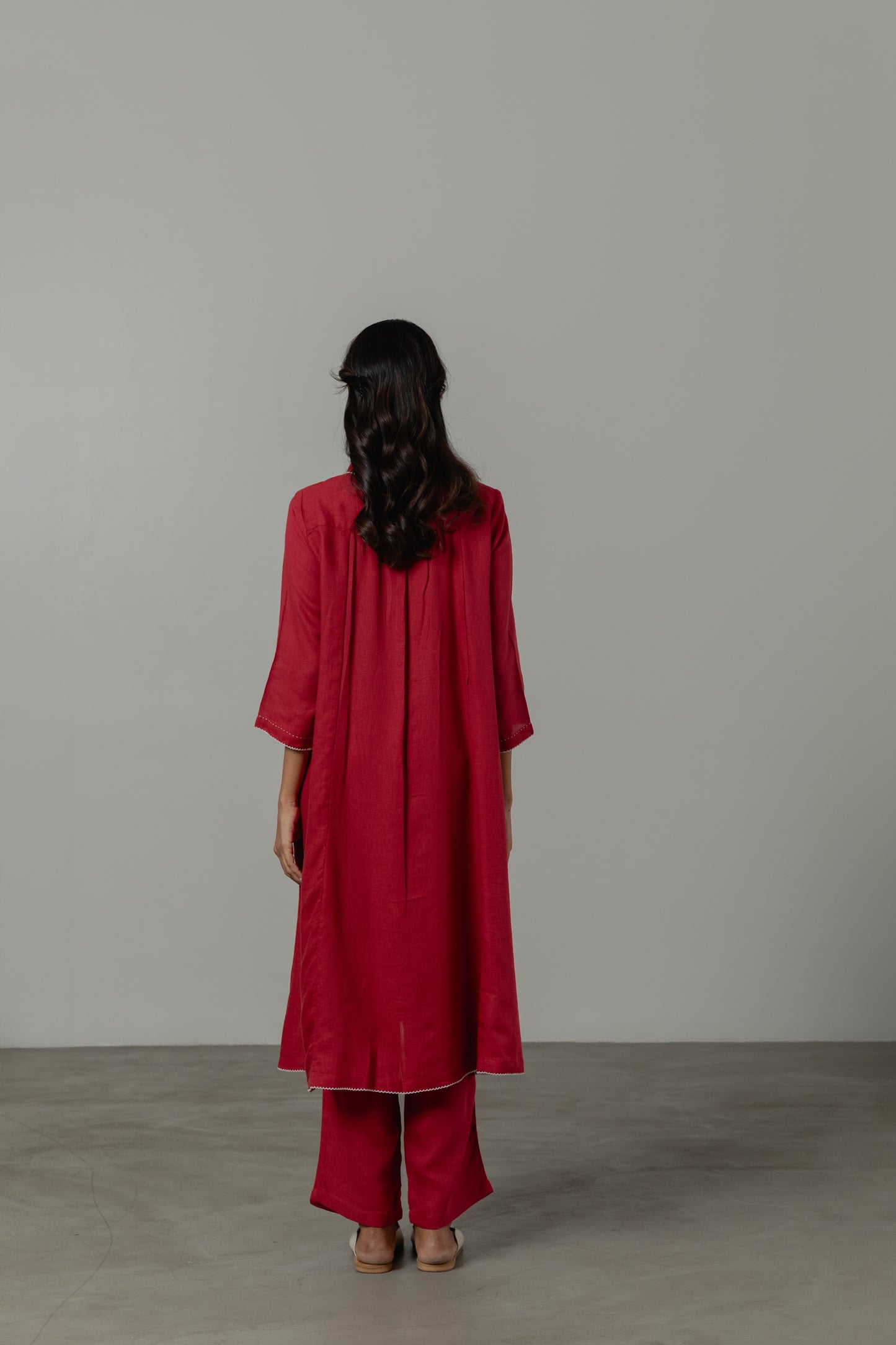 A-Line Crimson Red Linen Kurta Set