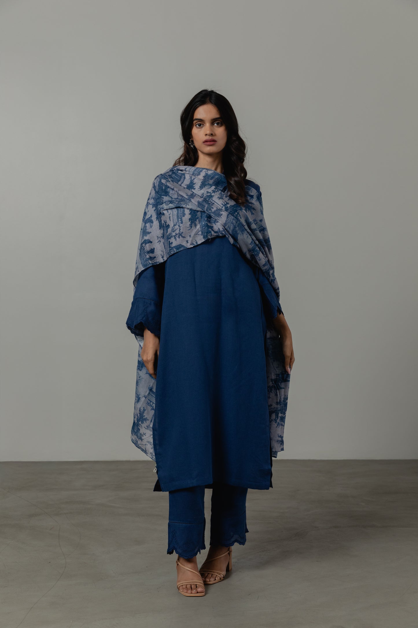 Indigo Blue Linen Cutwork Kurta Set with Dupatta