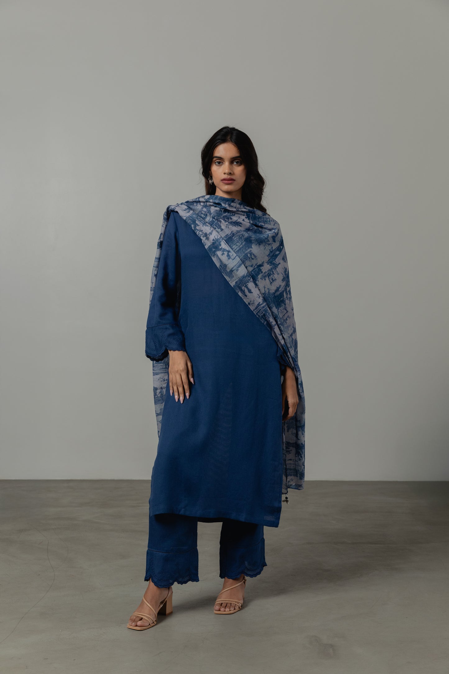 Indigo Blue Linen Cutwork Kurta Set with Dupatta