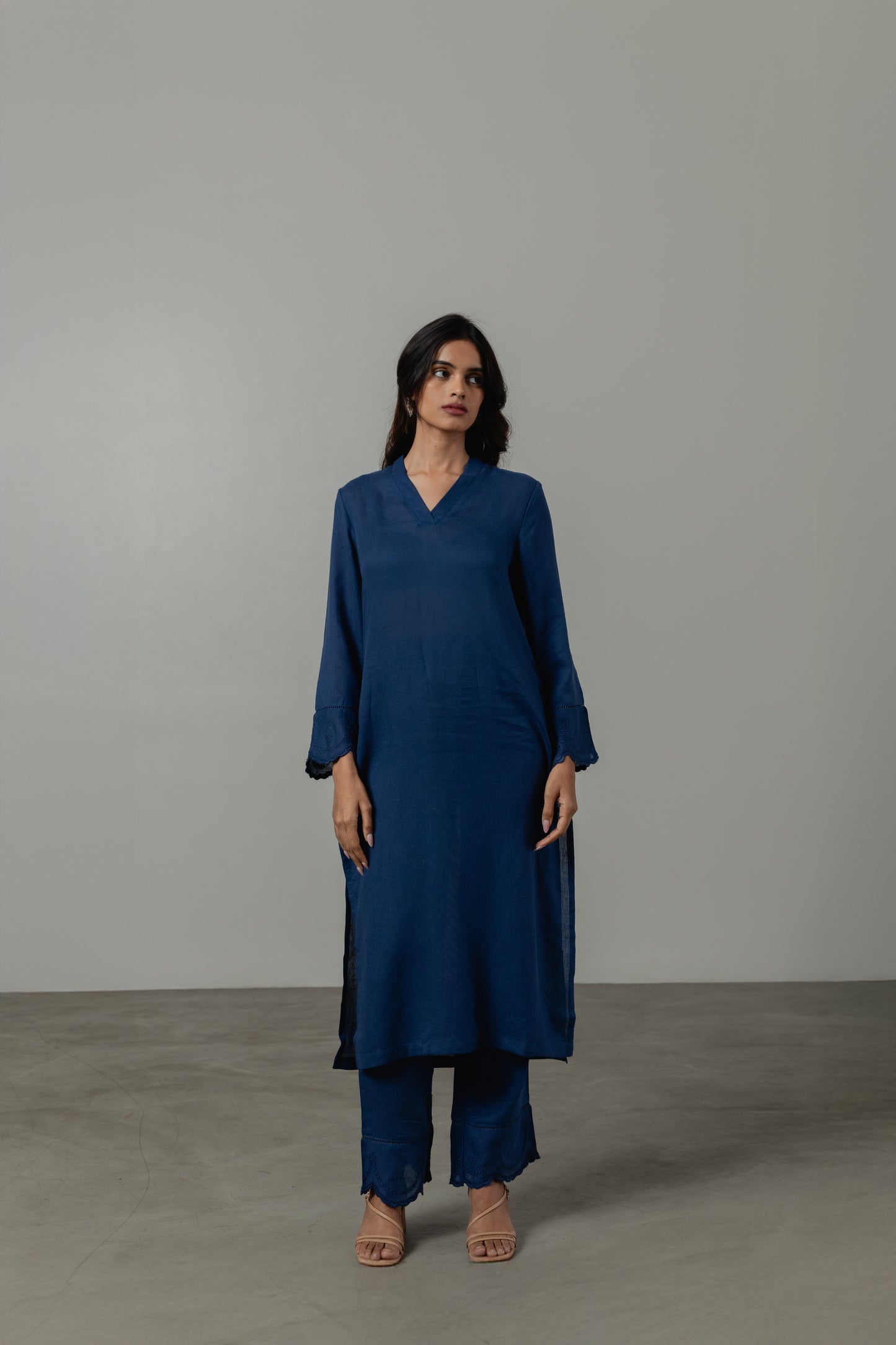 Indigo Blue Linen Cutwork Kurta Set with Dupatta