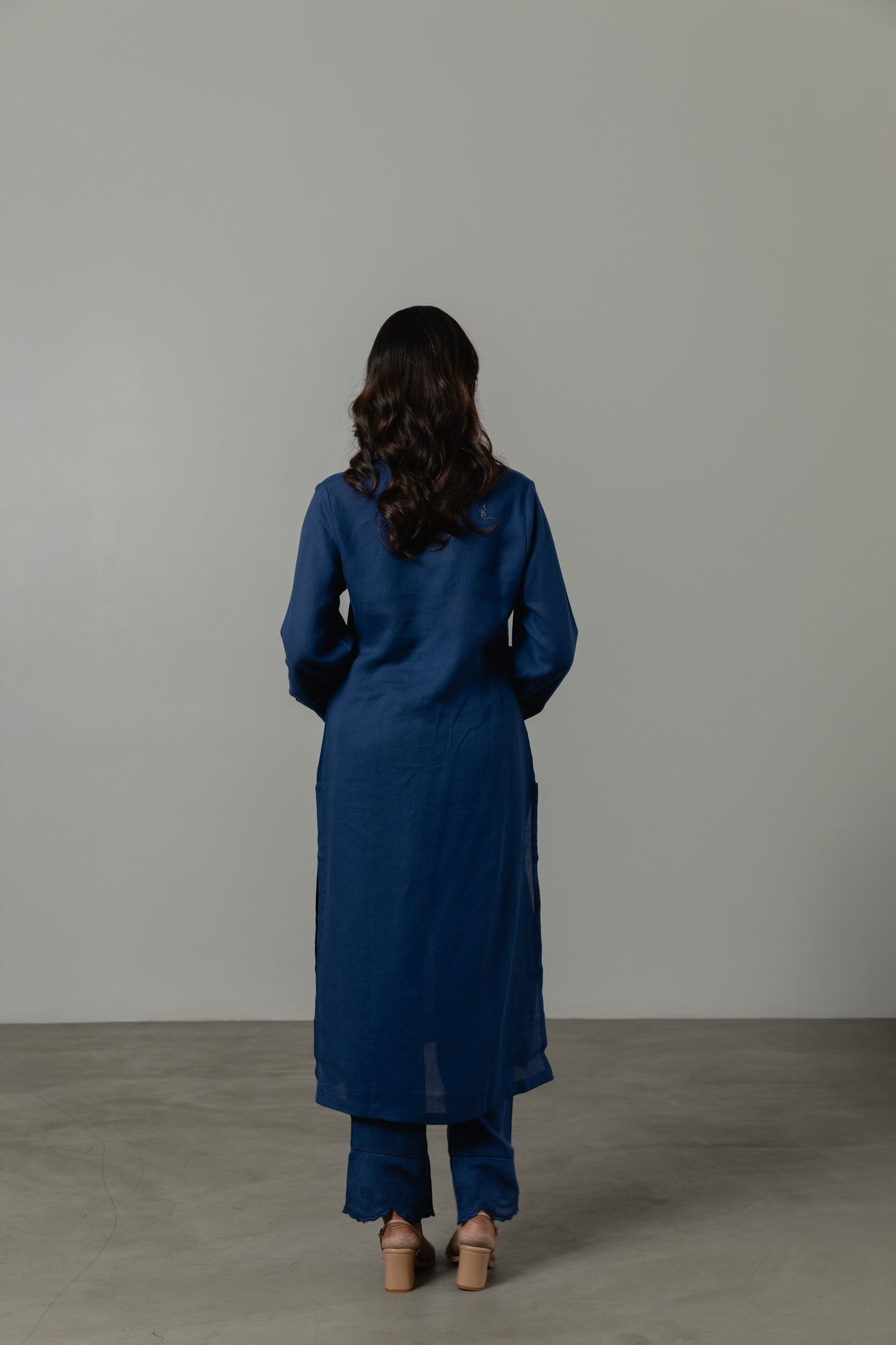 Indigo Blue Linen Cutwork Kurta Set with Dupatta