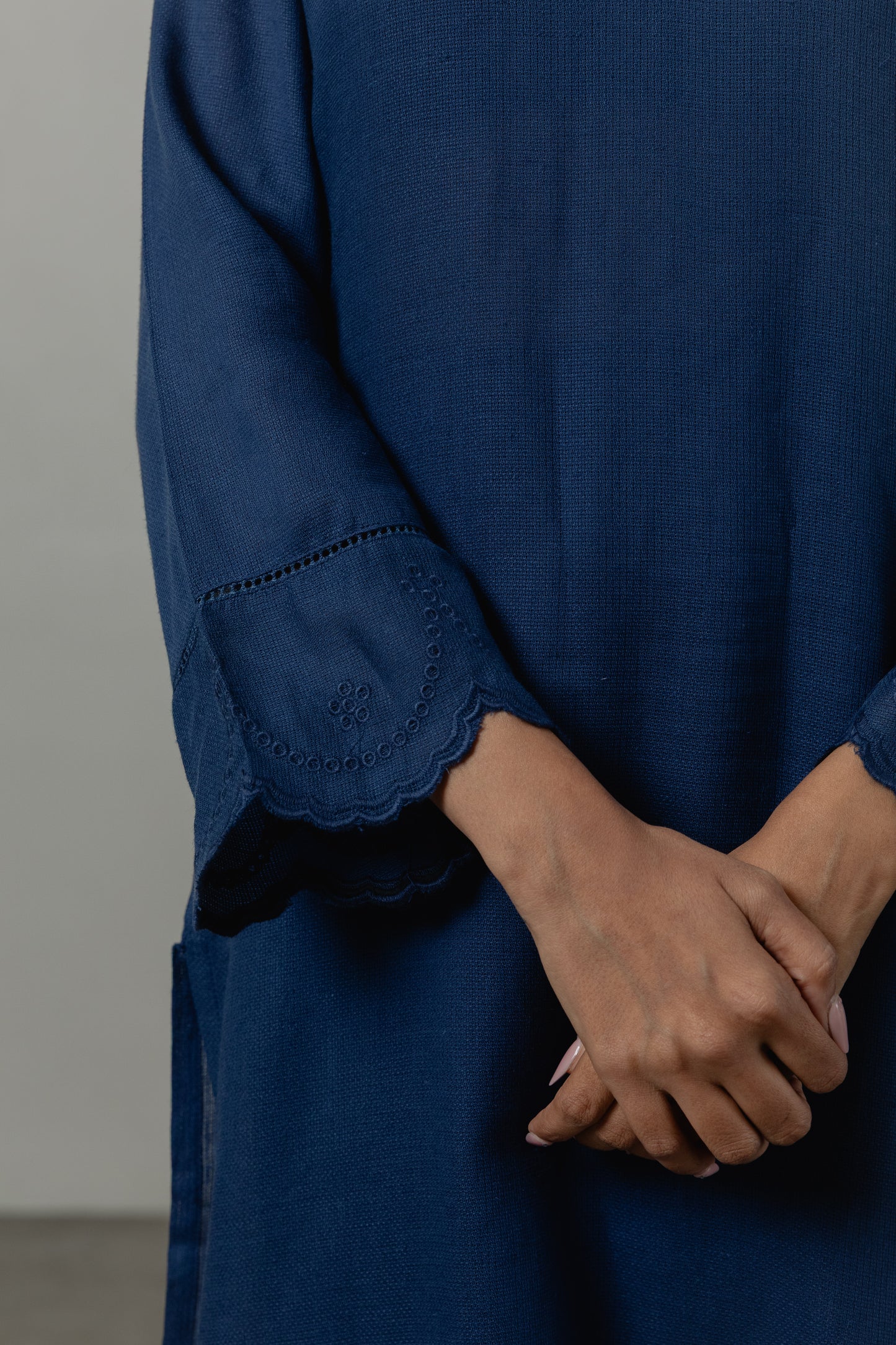 Indigo Blue Linen Cutwork Kurta Set with Dupatta