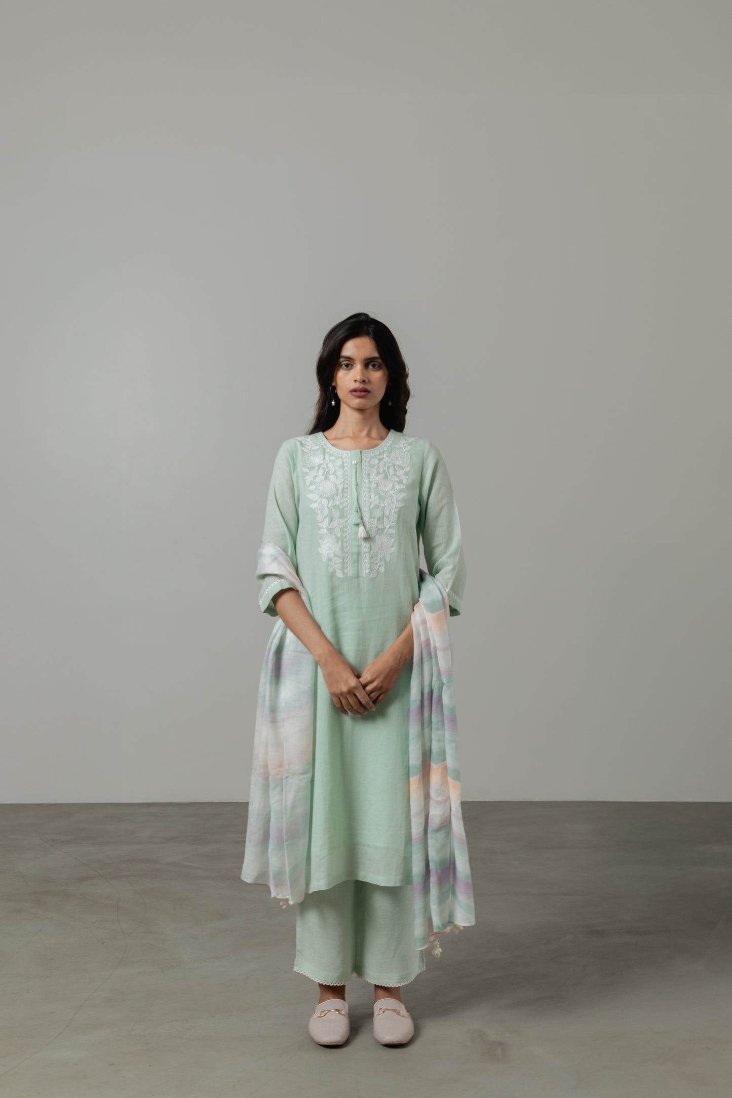 Fresh Mint Embroidered Linen Kurta Set with Dupatta