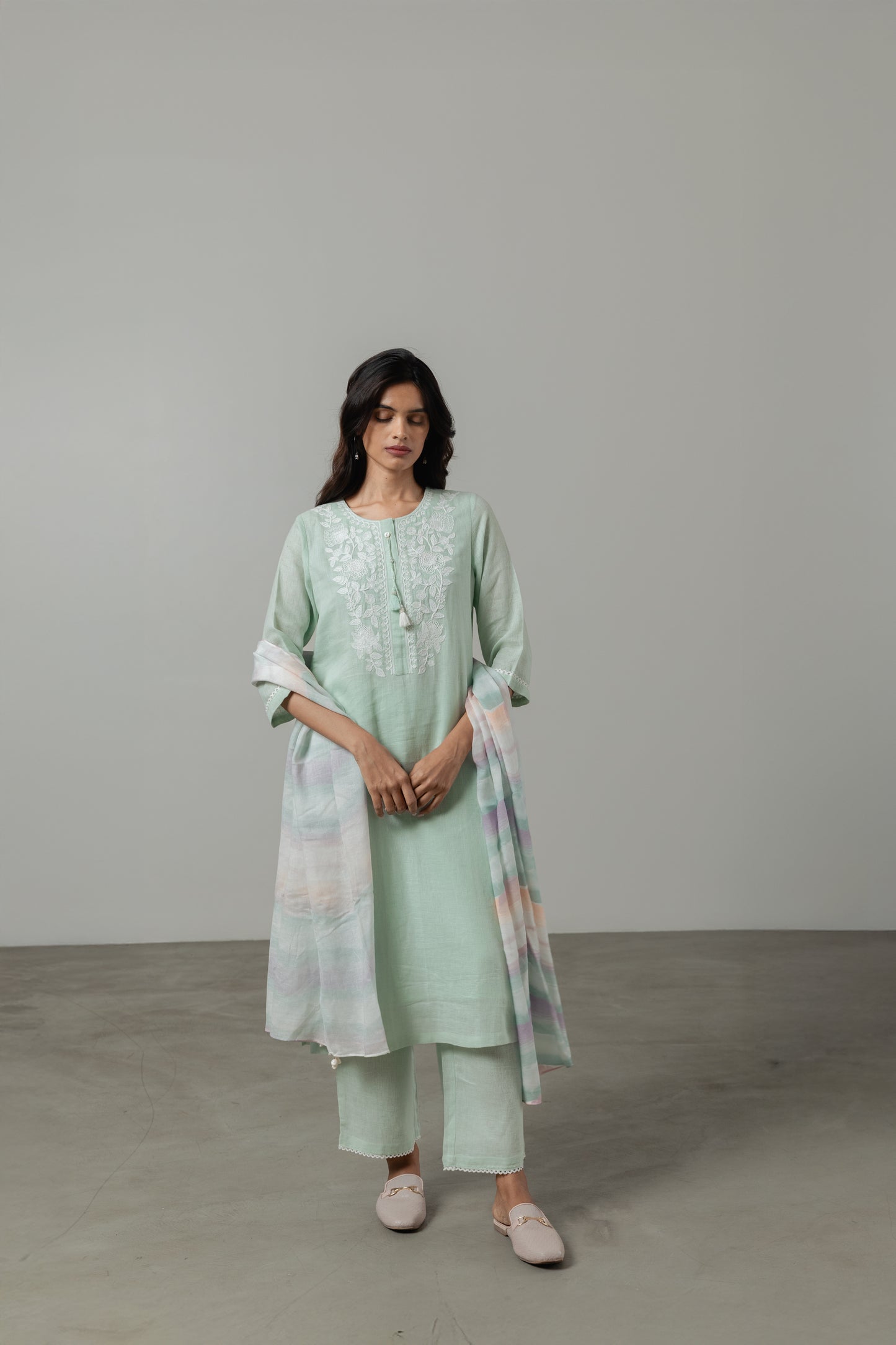 Fresh Mint Embroidered Linen Kurta Set with Dupatta