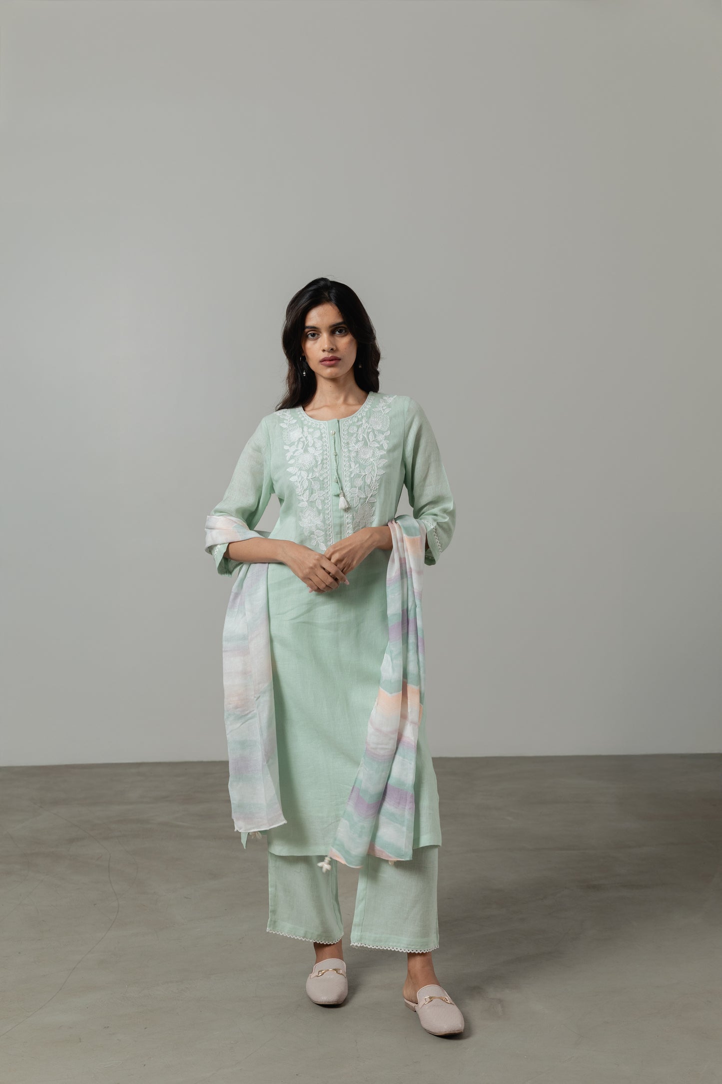 Fresh Mint Embroidered Linen Kurta Set with Dupatta