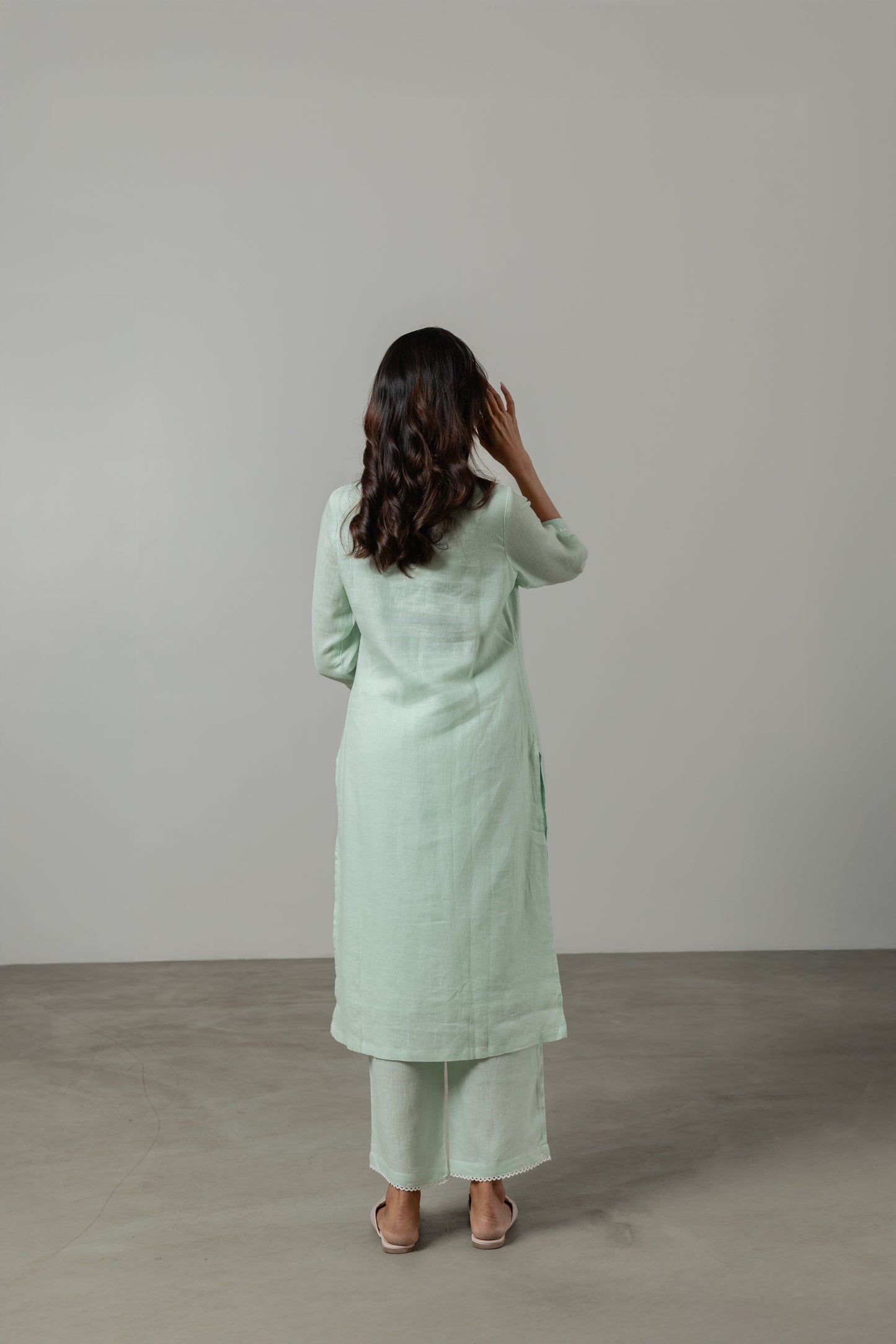 Fresh Mint Embroidered Linen Kurta Set with Dupatta