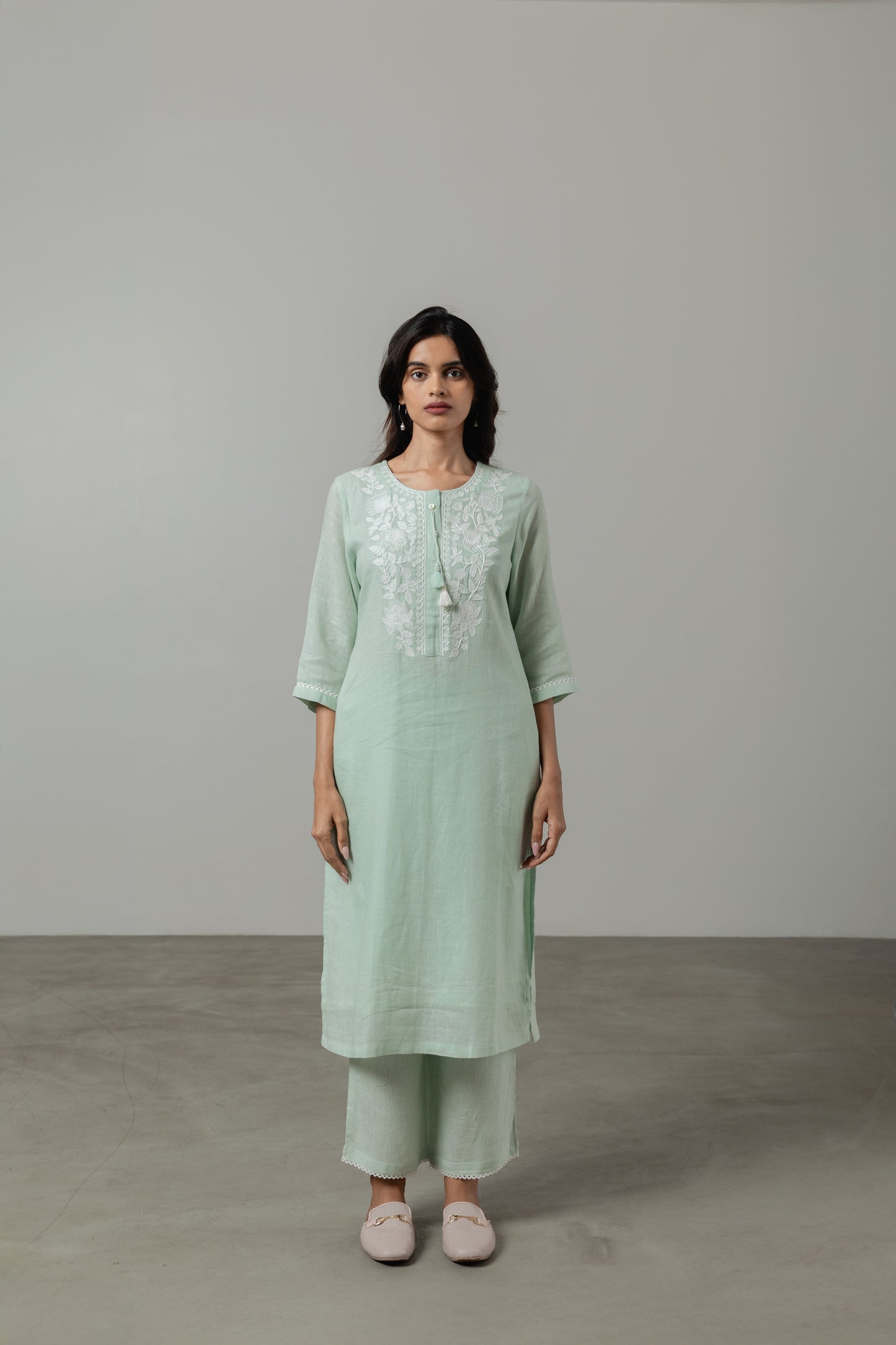 Fresh Mint Embroidered Linen Kurta Set with Dupatta