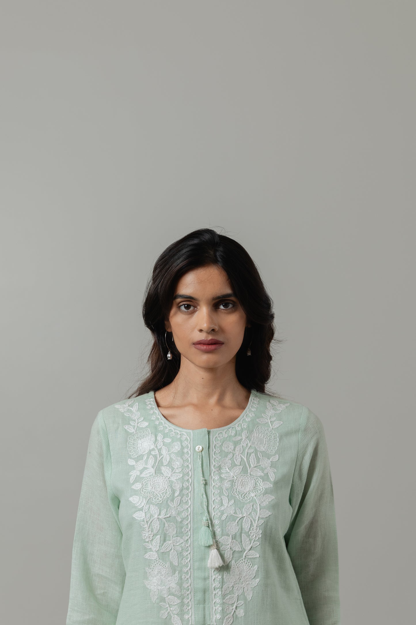 Fresh Mint Embroidered Linen Kurta Set with Dupatta